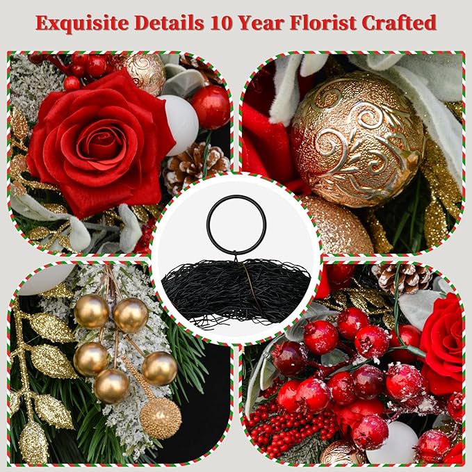 24 Inch Artificial Christmas Wreath for Front Door, Christmas Rose Floral Wreath with Lamb's Ear Red Berries Pine Cones Golden Leaves, Winter Wreaths for Front Door Wall Home Outdoor Decor