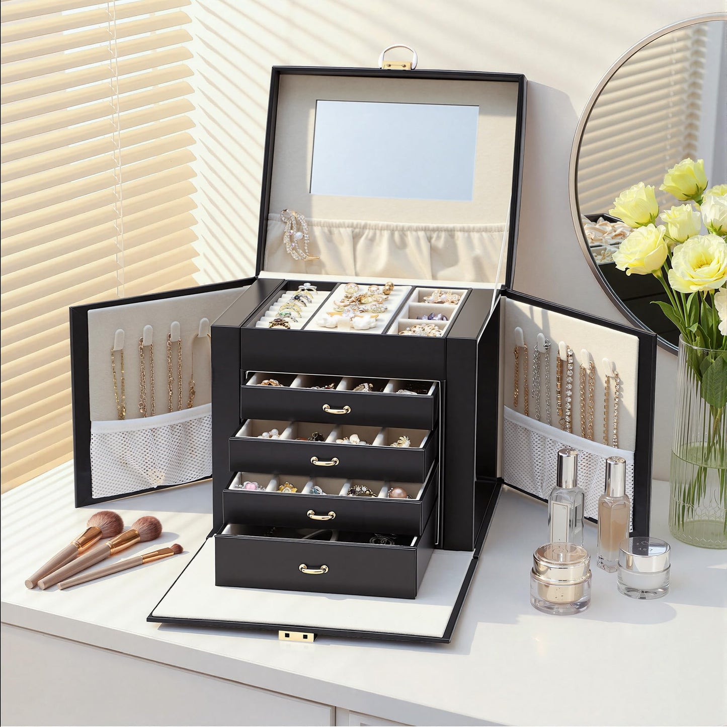 Jewelry Box for Women with Lock, 5-Layer Jewelry Organizer with Mirror & 4 Drawers, Lockable Faux Leather Storage Case for Ring Necklace Bracelet Earring, Elegant Gift for Girls Mom Girlfriend, Black