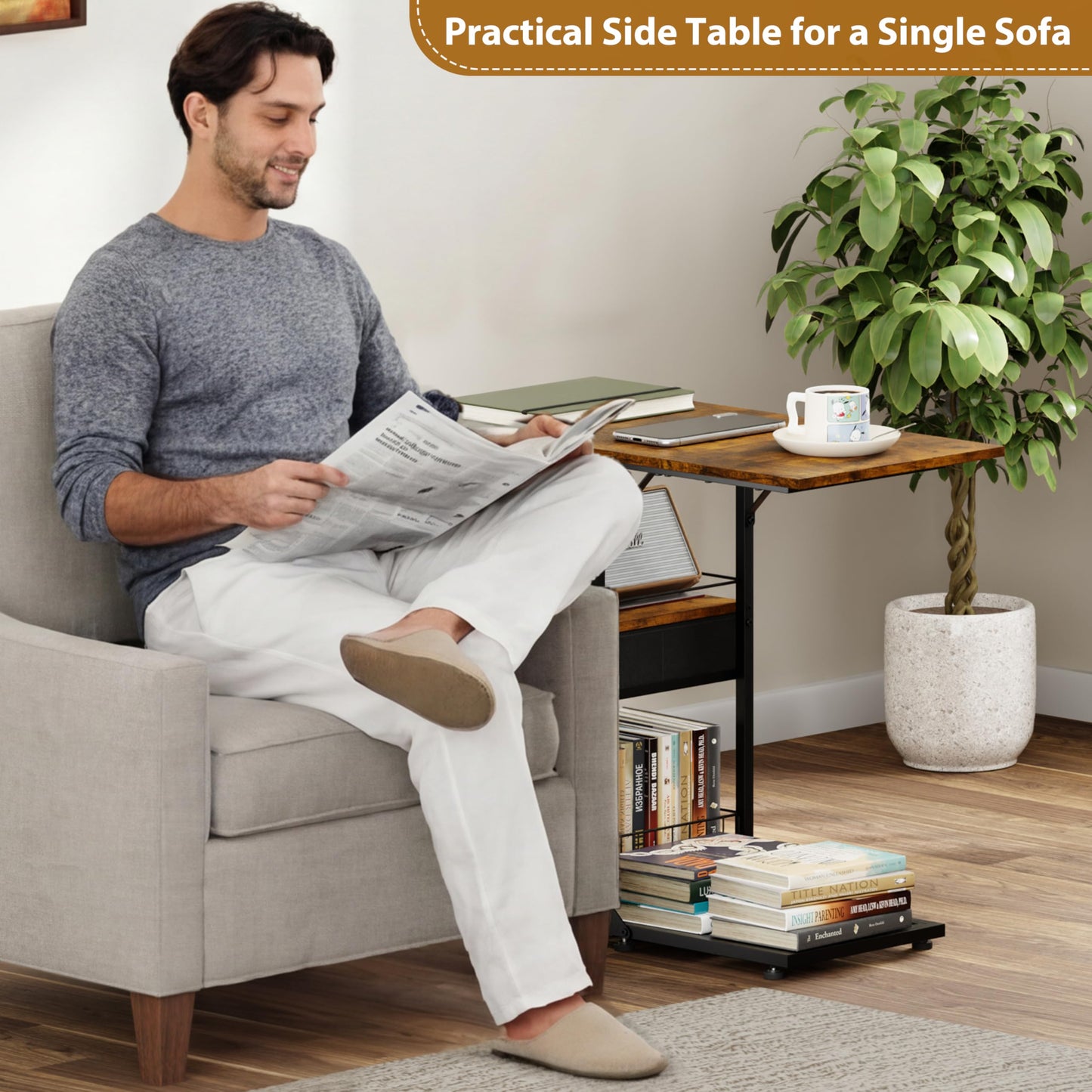 Rolling Coffee Table with Oversized Double-Wide Wood Top, Mobile Tv Tray with Storage Drawer and Wheels for Sofa, Portable Side Table for Living Room, Home Office, Spacious Desk for Working Studying
