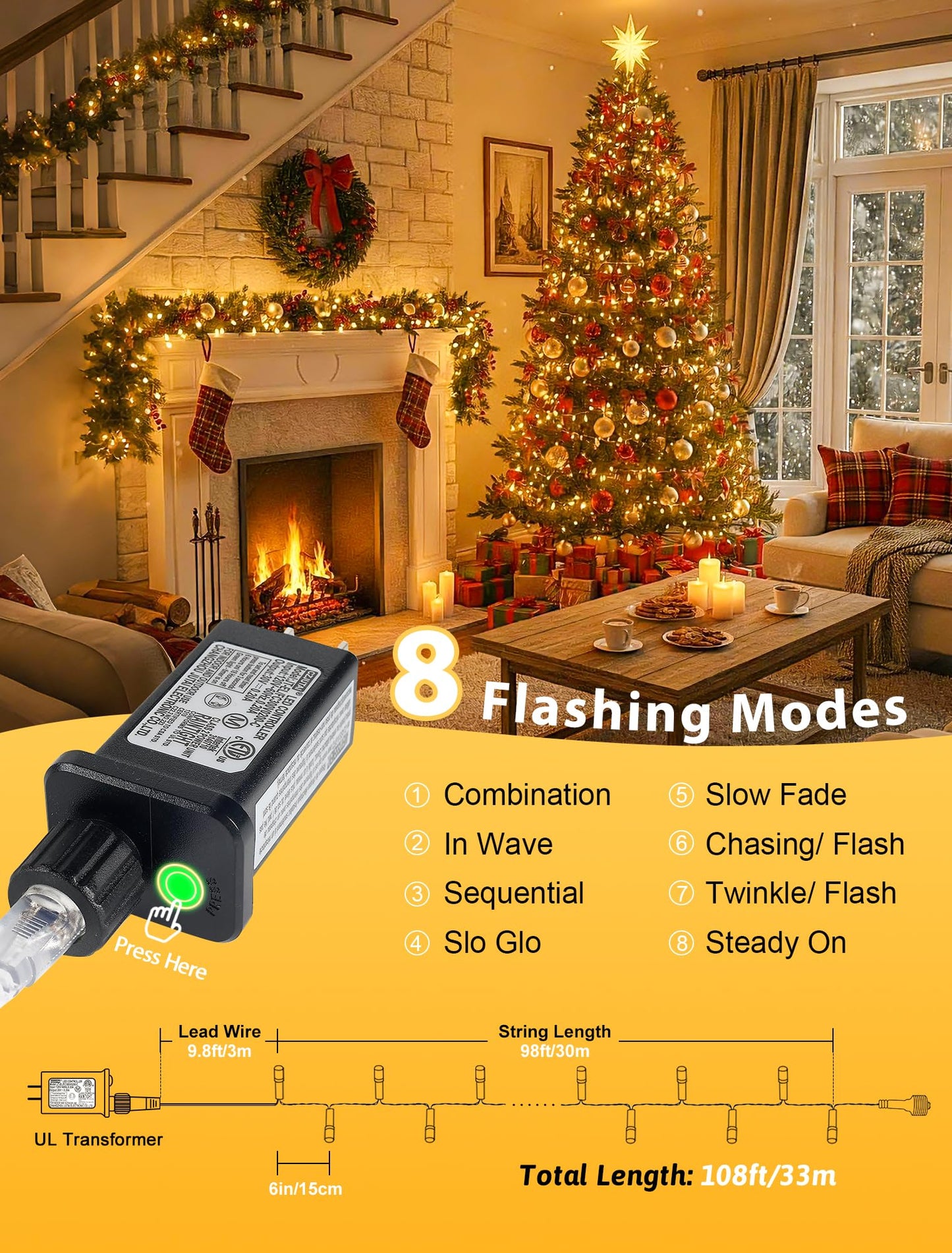 YOUNGAR 98FT String Lights Outdoor, 8 Modes Fairy Twinkle Christmas 200 LED Lights, 30V Plug-in for Tree, Home, Garden, Wedding, Party, Holiday Indoor Decoration, Warm White, Connectable