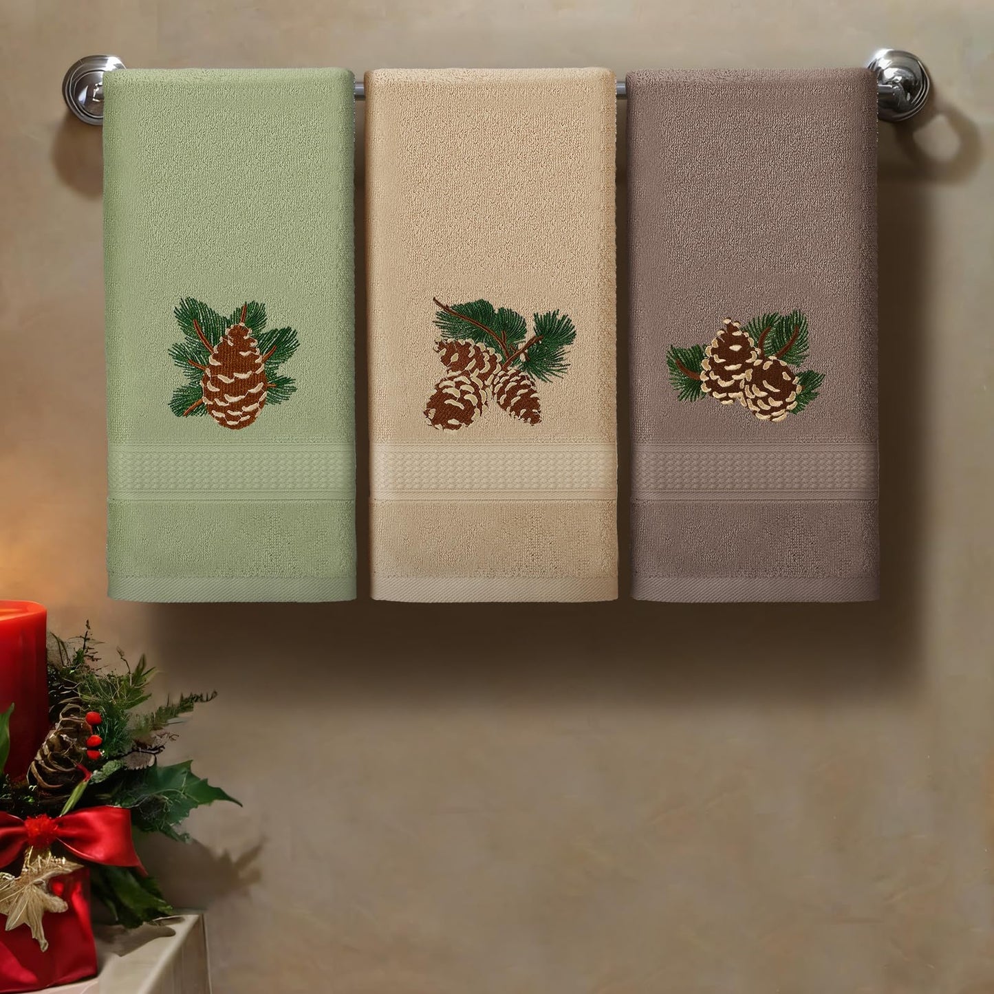 FuWeave 3 Pcs Rustic Pine Cone Hand Towels for Bathroom Christmas Decor, Pinecones Branch Embroidered Decorative Towels for Bathroom Kitchen Holiday Decor, 100% Cotton, 13.3 x 29.5''