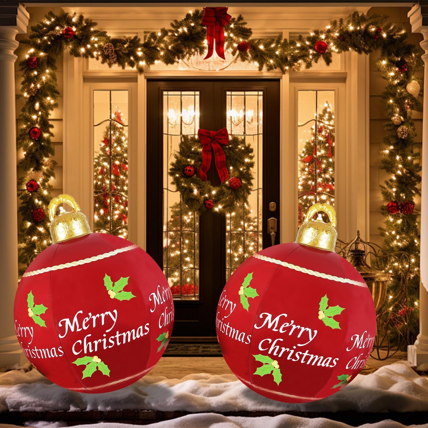 2 Pcs 24 Inch Christmas Giant Inflatable Ornaments Balls Outdoor, PVC large Christmas Hangable Blow Up Ball Decorations for Indoor Yard Porch Lawn (24" Red, 2)