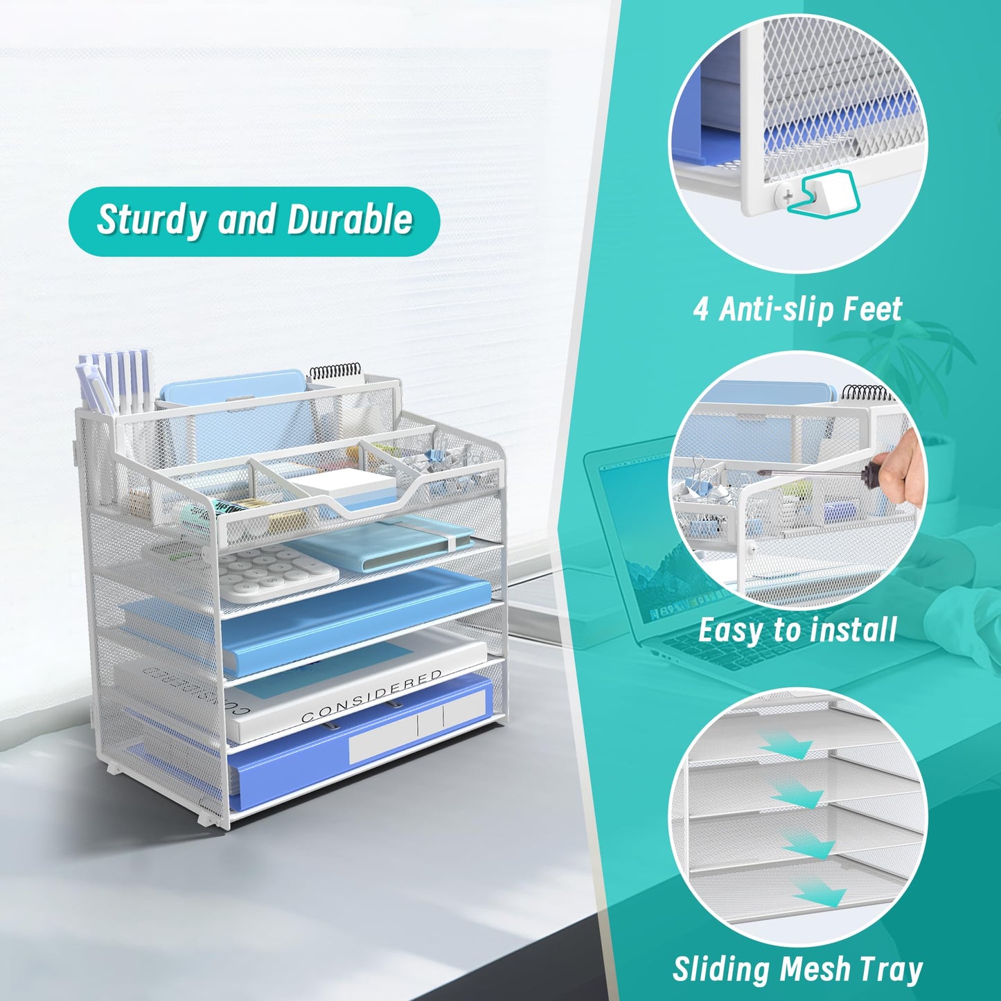 OrgMate 5 Tier Mesh Desk Organizer,Multi Functional Letter Paper Tray with 3 Pen Holders and 5 Adjustable Storage Compartments for Office Supplies Files and Mail Space Saving Desktop Organizer-White
