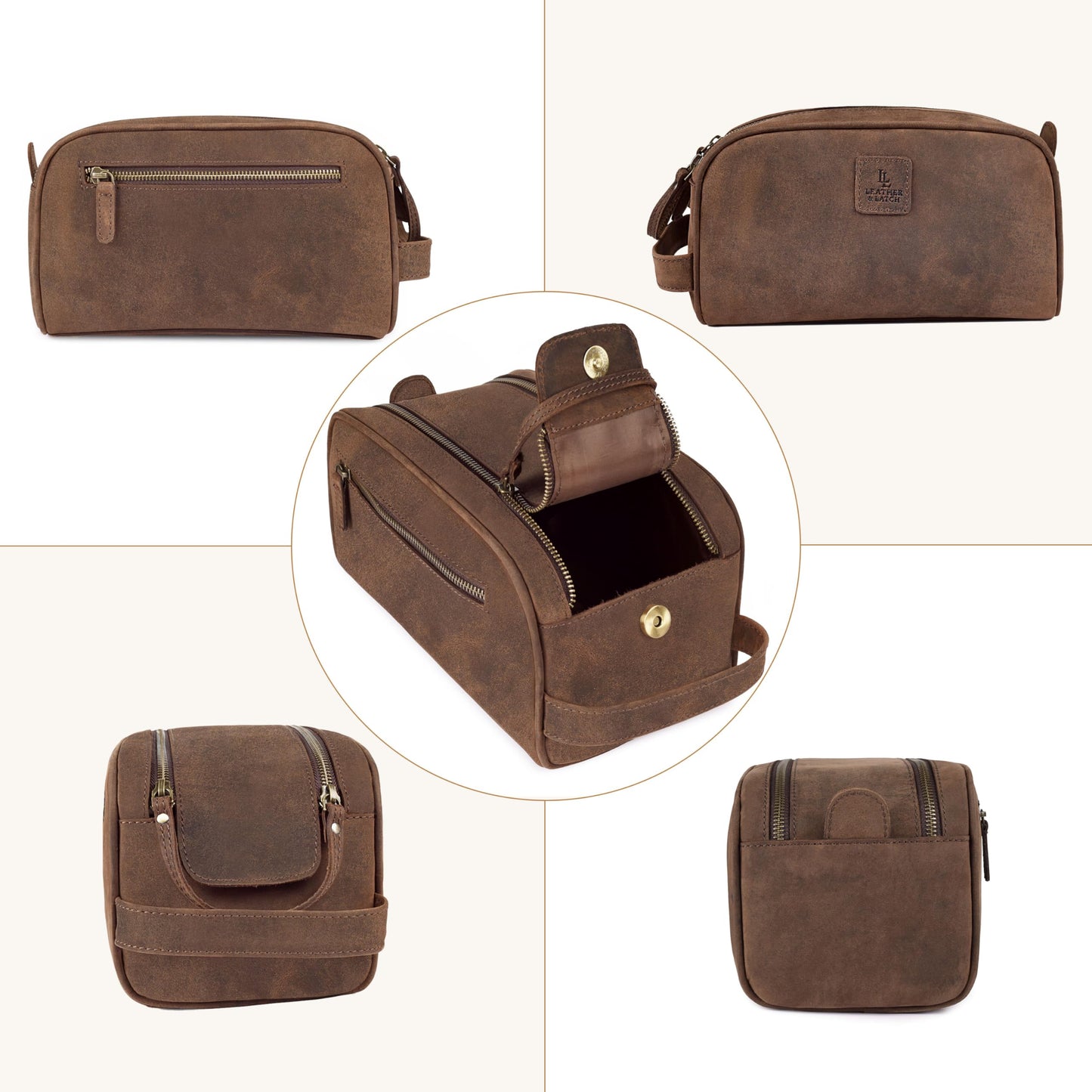 Leather Toiletry Travel Bag with Waterproof Lining, Large Capacity Vintage Dopp Kit, Shaving & Cosmetic Organizer for Men & Women - Brown