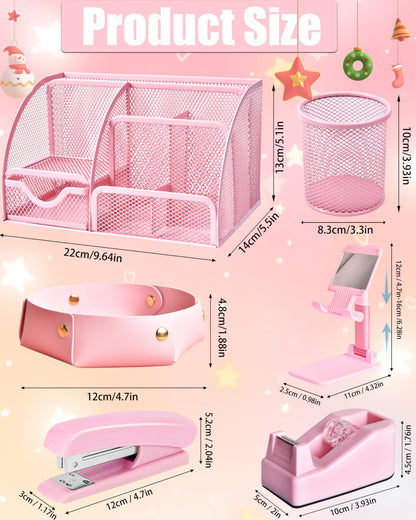 Pink Desk Accessories, 24Pcs Pink Office Supplies and Desk Organizers, with Tape Dispenser, Stapler, Staple Remover, Ect, Gift Box Packaging