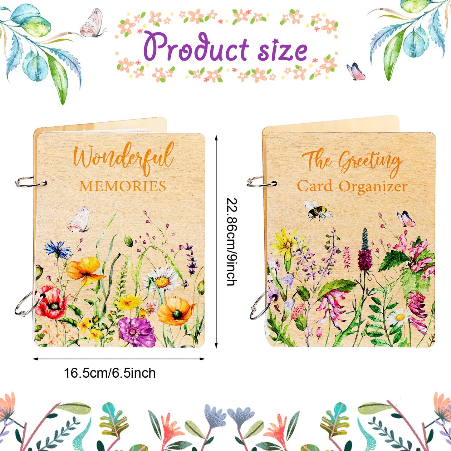 Suzile 2 Packs 9x6.5 Inch Greeting Card Organizer Book Wood Floral Card Organizer Album Binder, Keepsake Storage Holder Gift for Wedding Anniversary Mother's Day Holiday Memory Photo Collection
