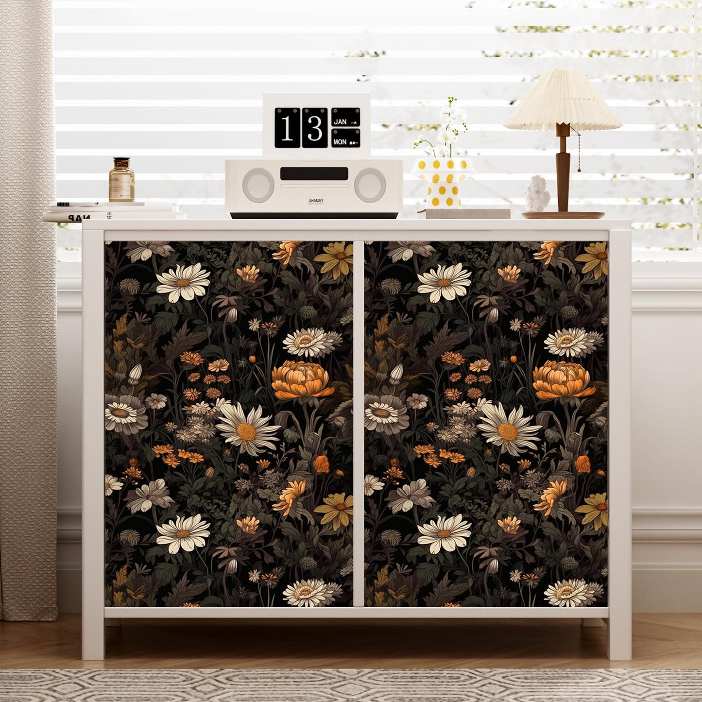 Black Floral Peel and Stick Wallpaper, Vintage Dark Botanical Contact Paper, Gold Daisy Self Adhesive Vinyl Wall Paper Waterproof&Removable Renter Friendly Wallpaper for Bedroom Cabinet 15.7"x 197"