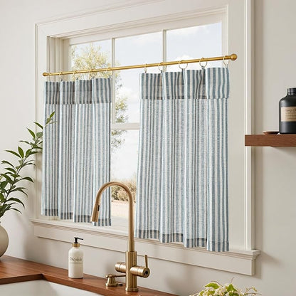 jinchan Striped Linen Kitchen Curtains with Attached Valance 36 Inch Length Cafe Tier Curtains for Living Room Rustic Half Window Light Filtering Rod Pocket Small Drapes 2 Panels Blue