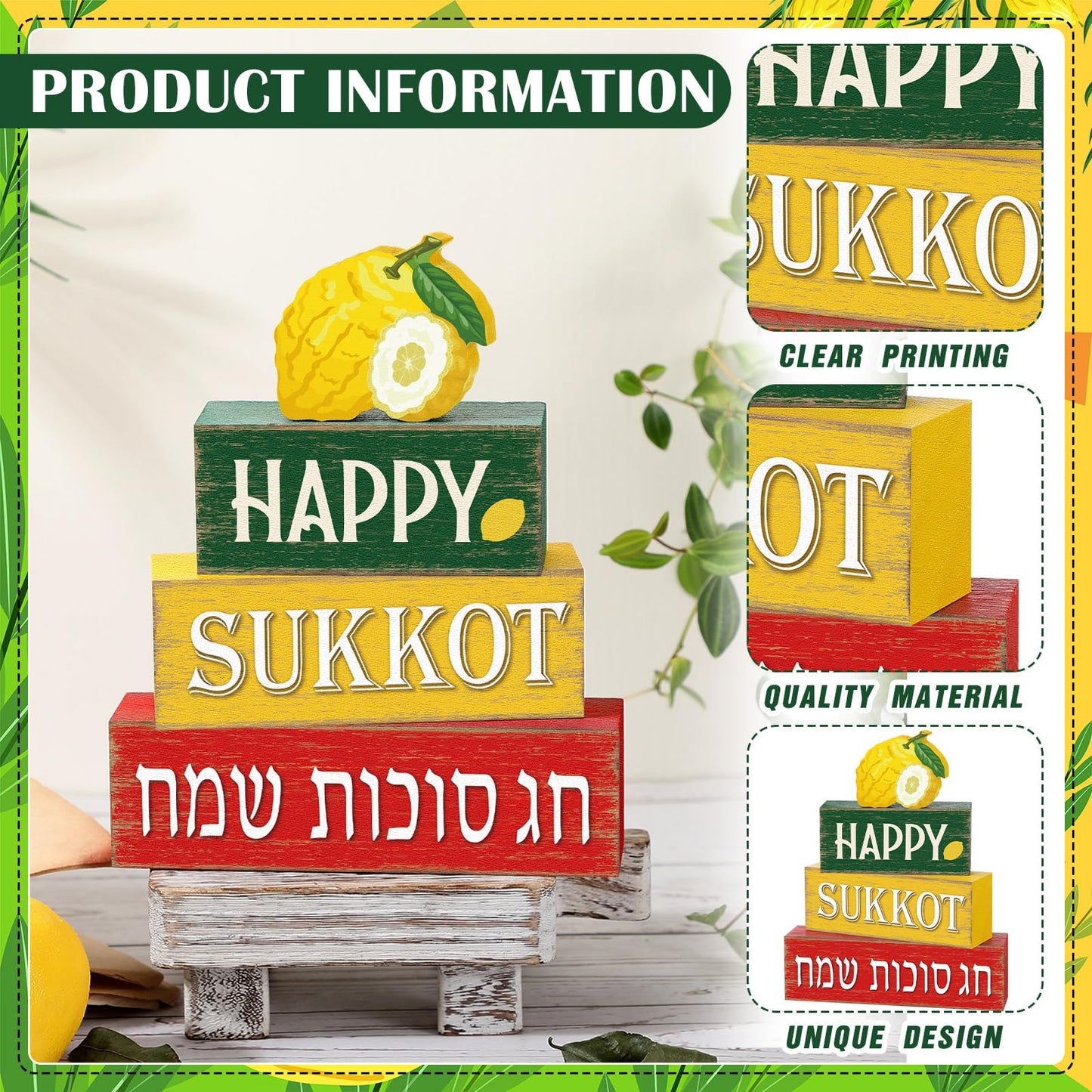 Marsui 4 Pcs Happy Sukkot Table Decor Rustic Sukkah Decorations Etrog Wooden Signs Centerpiece Farmhouse Sukkot Tiered Tray Decor for Home Office Desk Jewish Festival Decorations