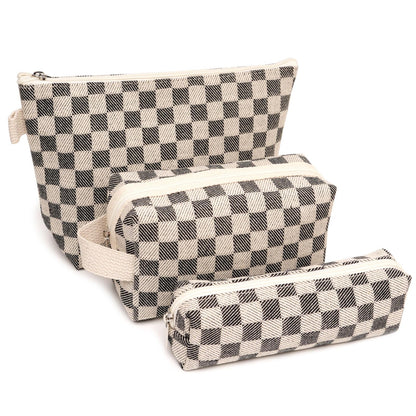 Beayuva 3 Pcs Canvas Makeup Bag Set Checkered Cosmetic Pouch for Women Travel Toiletry Bag Cute Makeup Organizer Purse Pouch Preppy Pencil Case with Zipper (Checkered Black)