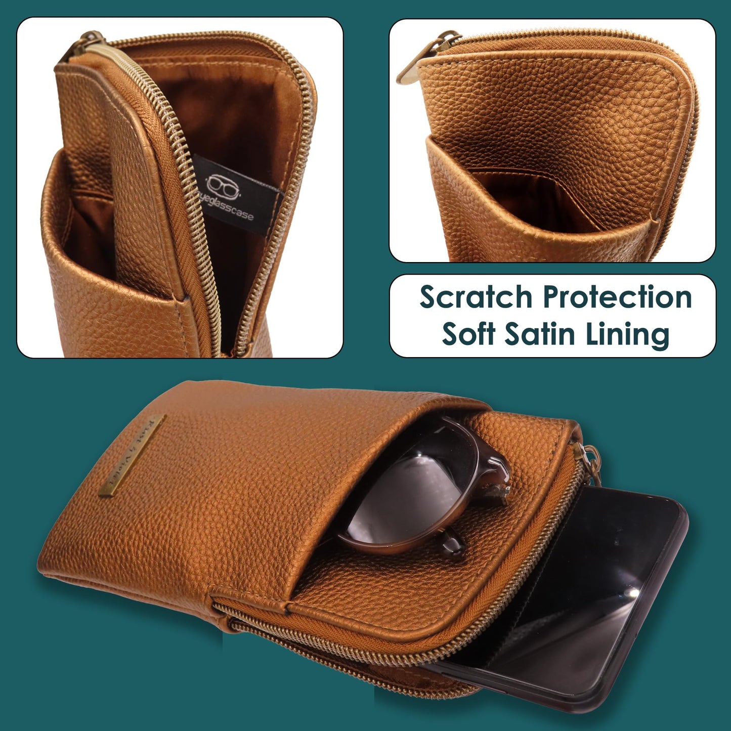 Double Eyeglass Case | Semi Soft Faux Leather Zipper Glasses Pouch - Chic Dual Durable Sunglass Case (IP128 Bronze)