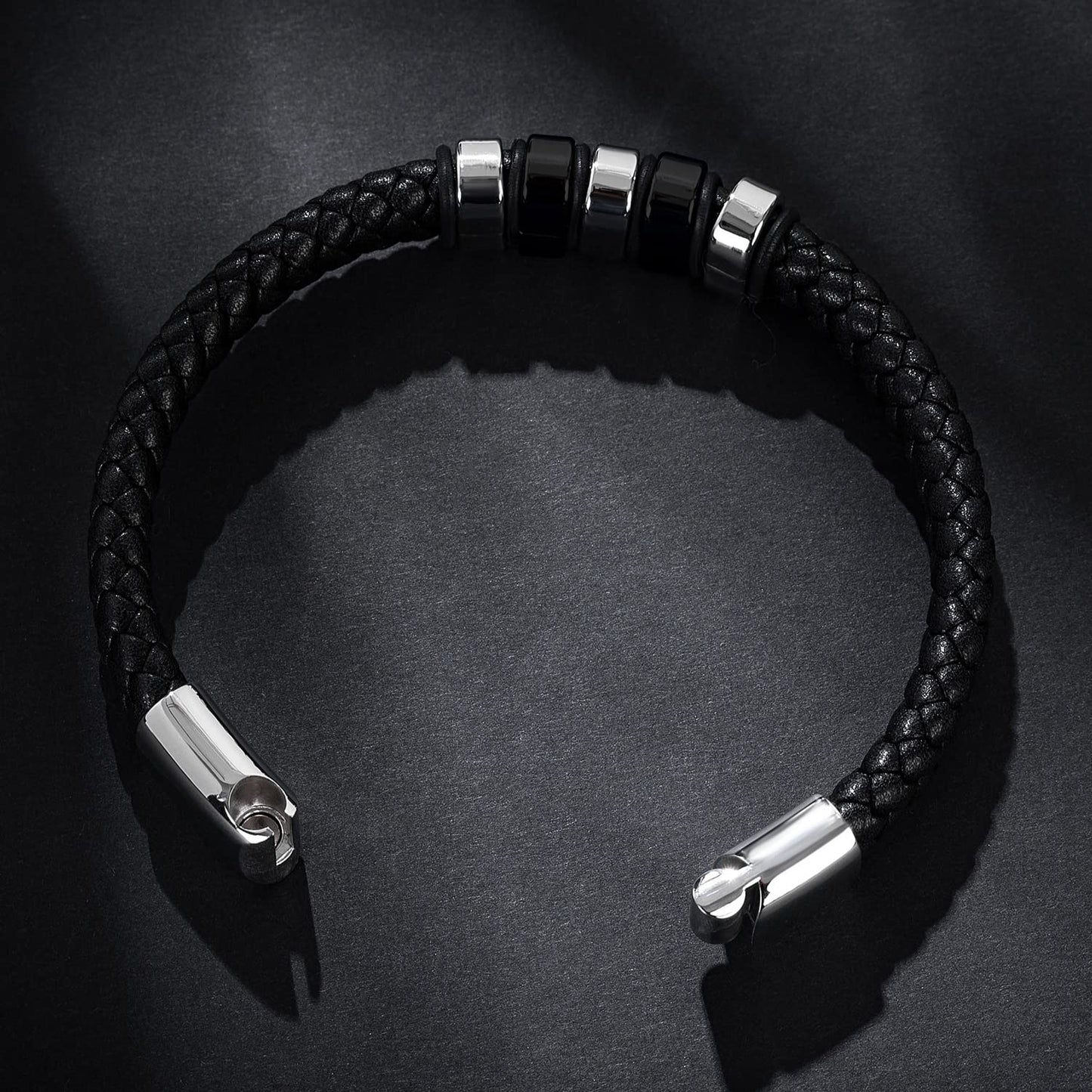 LJWVX Mens Black Leather Bracelets,Braided Leather Wristband Cuff,Stainless Steel Clasp,Bracelet Gift for Dad