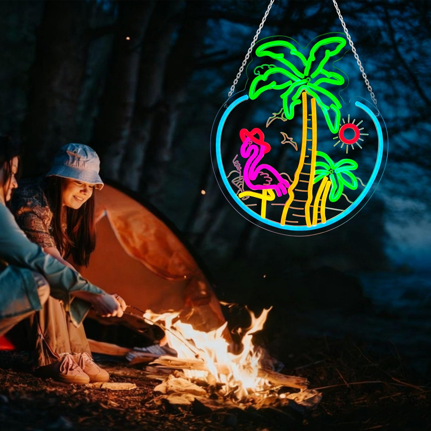 Tropical Flamingo Palm Tree Sunset Neon Sign for Wall Decor, USB Powered Dimmable LED Coconut Tree Neon Light Sign for Bar Man Cave Club Beach Theme Restaurant Party Decoration