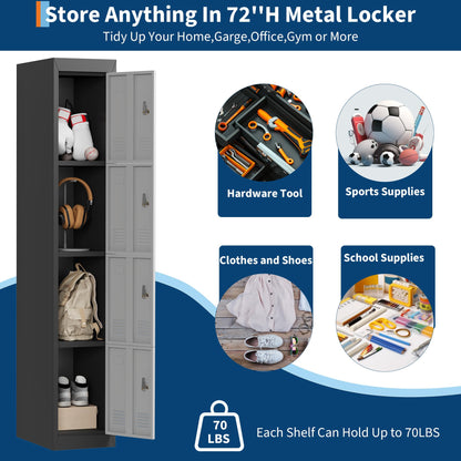 4 Doors Tall Single Metal Locker, Metal Lockers for Employees with Keys, 72" Black Employee Storage Cabinet with Doors, Steel Storage Cabinets Lockable for School, Gym, Home, Office, Mudroom, Black