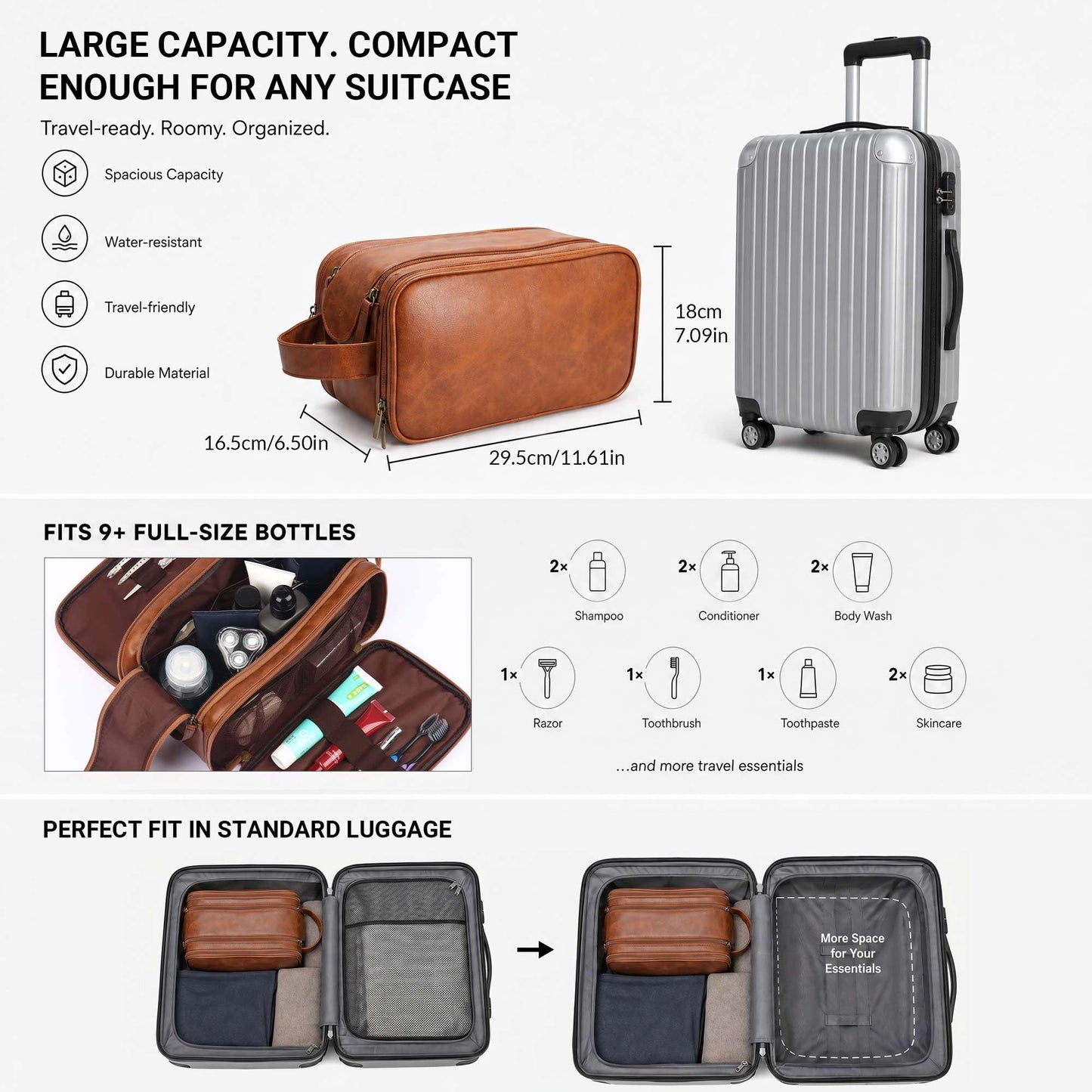 OXYEFEI Men's Travel Toiletry Bag,PU Leather Waterproof Large Travel Shaving Dopp Kit Bag,Include Passport Holder Leather Luggage Tag for Travel Essentials (Light Brown)