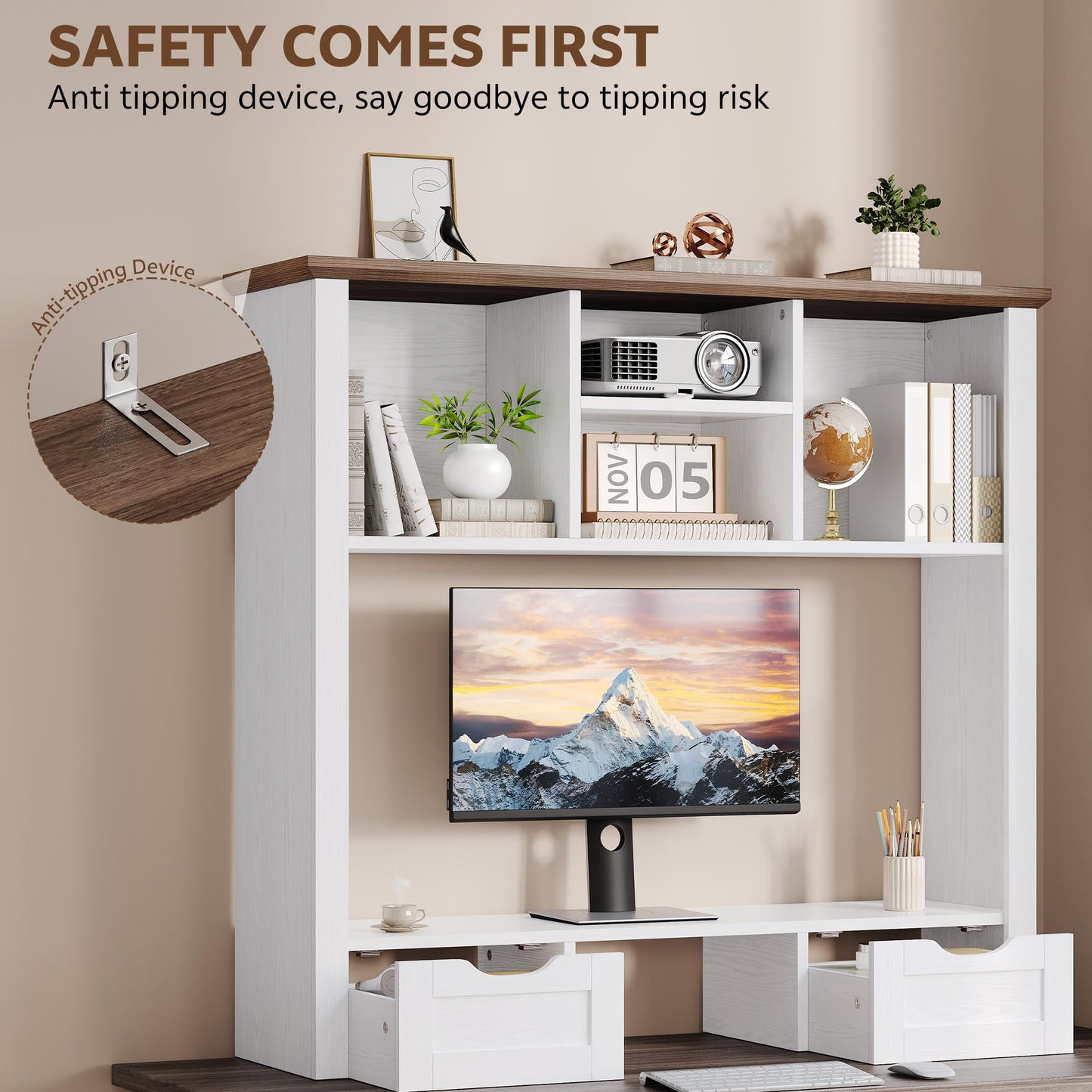 Homiflex Desk Shelf with Computer Monitor Stand, 37.4''W Desktop Bookshelf Display Rack, Desktop Organizer Storage Rack with Cubbies & Drawers, 5-Tier Hutch for Home, Office, Dorm, Vanity, White&Brown