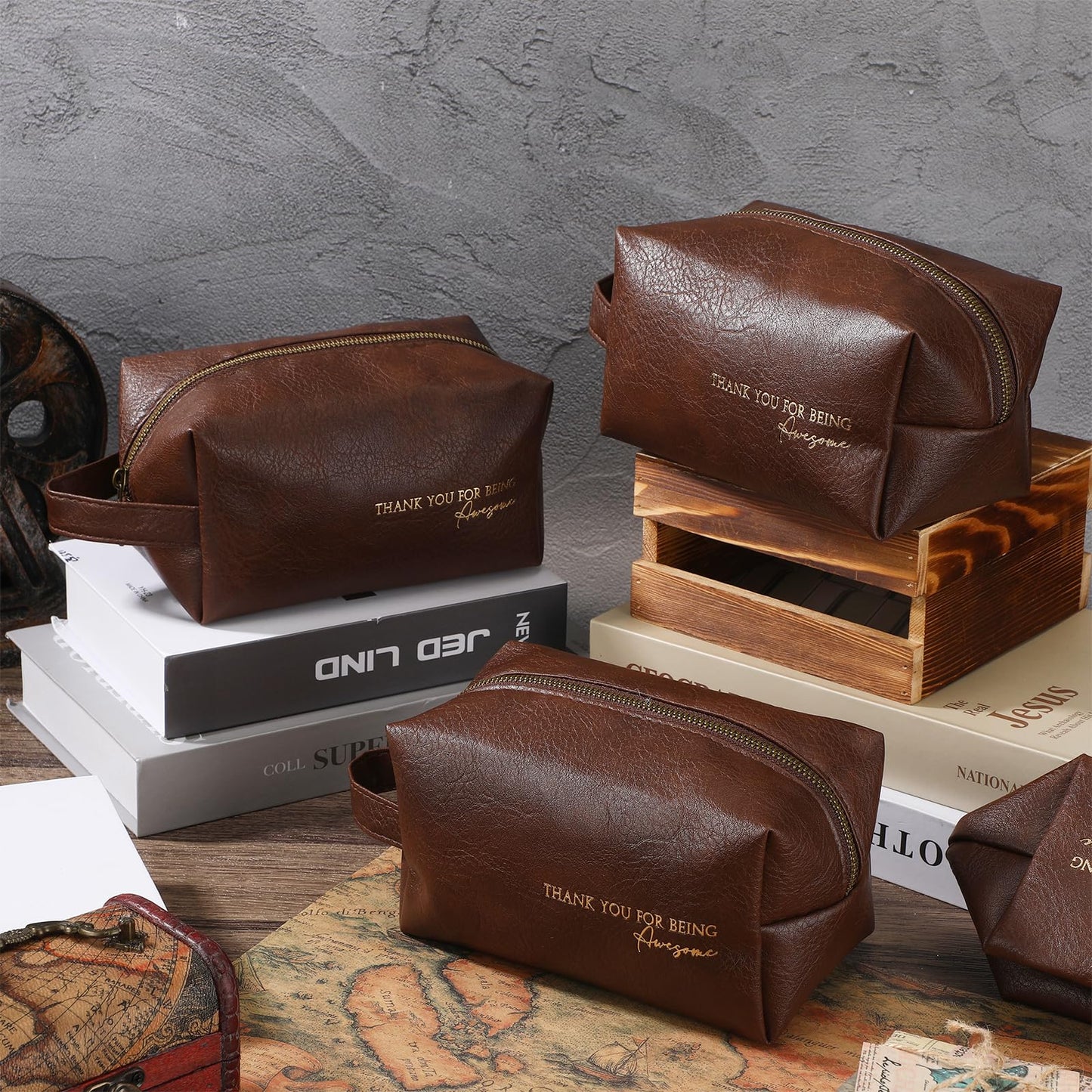 Clysee 6 Pcs Father's Day Leather Appreciation Toiletry Bags Gifts Travel Shaving Cosmetics Bags for Dad Men Gifts(Brown)