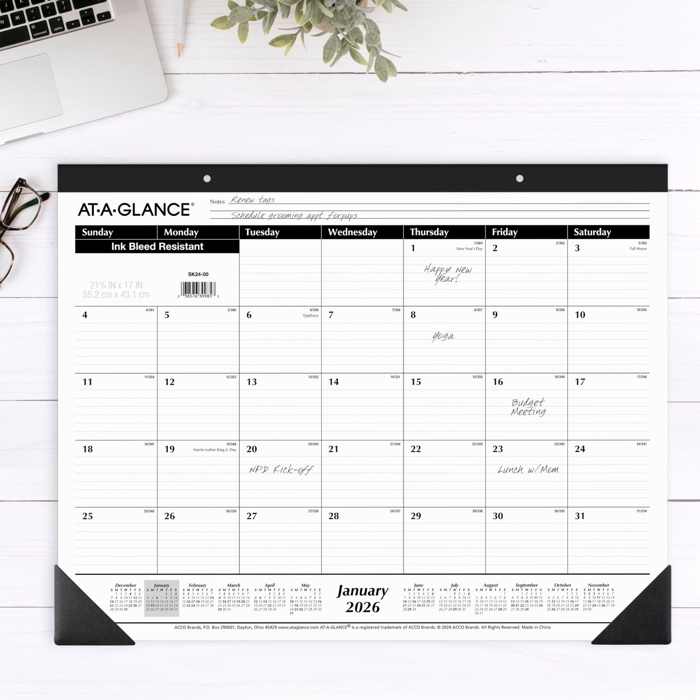 AT-A-GLANCE 2026 Desk Calendar, Monthly, Desk Pad, 21-3/4" x 17", Large, Ruled Blocks (SK240026), White