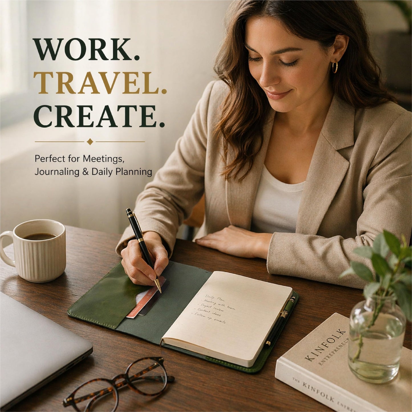 TheAntiq Leather Journal Cover XL – Handmade Refillable Notebook Holder with Pen Loop, Writing Organizer for Office, Travel & Professional Use 7.5 x 9.8- Green