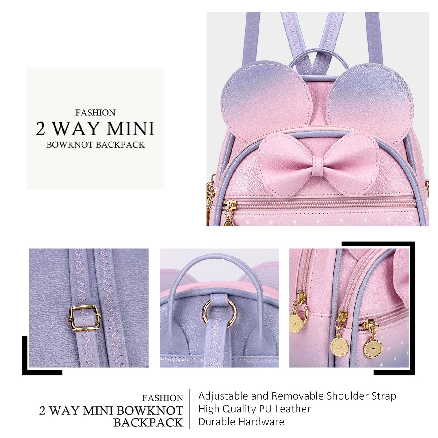 KL928 Girls Mini Backpack Bowknot Polka Dot Cute Small Daypacks Convertible Shoulder Bag Purse for Women