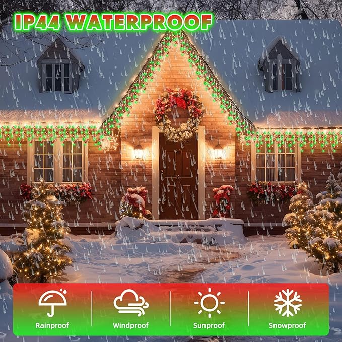 132 Ft 1280 LED Christmas Icicle Lights Extra Long 8 Modes Waterproof Icicle String Light with 240 Drops, Fairy Hanging Lights Decor with Remote for Xmas Wedding Indoor Outdoor Red and Green