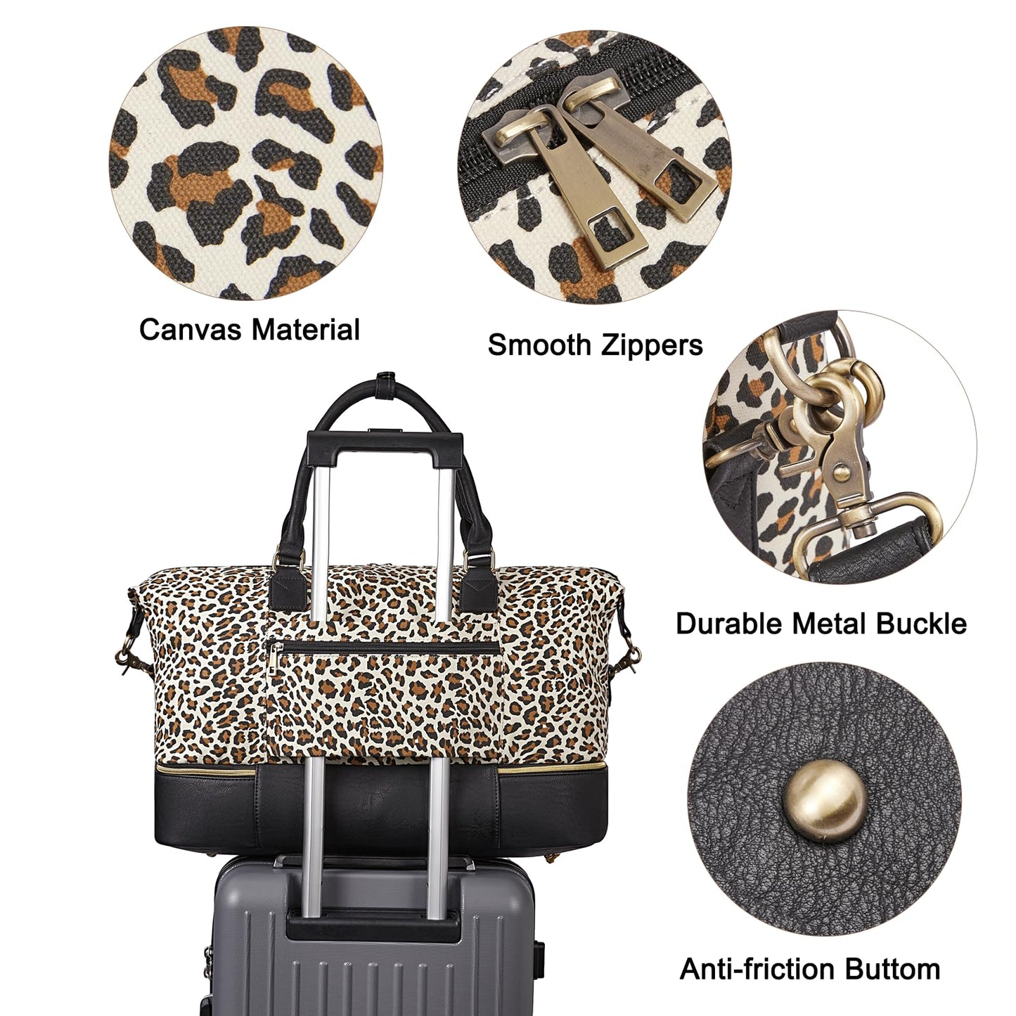 CLUCI Weekender Bag for Women Canvas Large Overnight Travel Duffel Bag with Shoe Compartment Leopard Pattern with Black