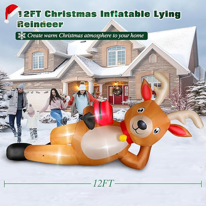 12 FT Giant Christmas Inflatable Reindeer Outdoor Decorations, Large Blow Up Reindeer with Gift Box Decor, Built-in LED Lights, Rapidly Inflate for Yard Lawn Party Holiday Garden Xmas Decorations