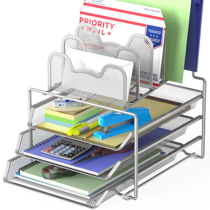 Simple Houseware Desk Organizer with 3 Sliding Tray and 5 Stacking Sections, Silver