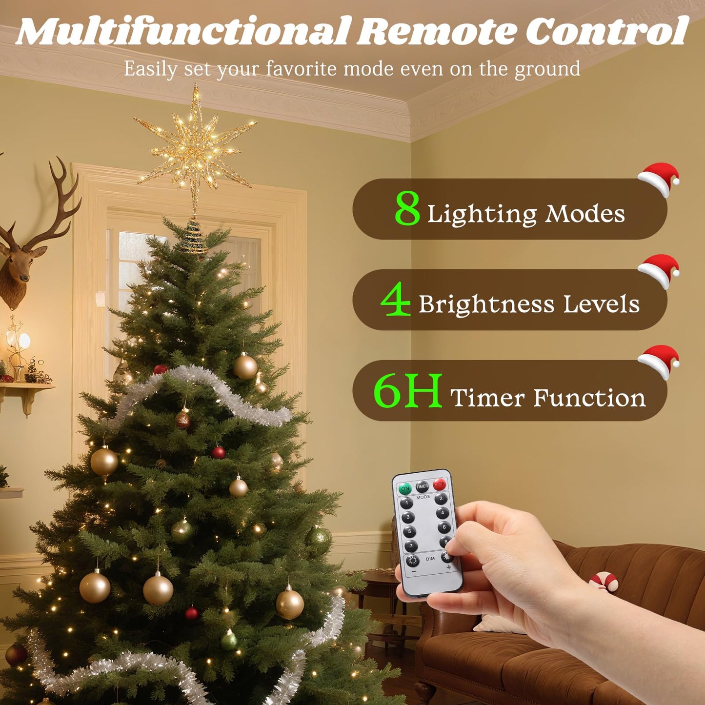 Lewondr Christmas Tree Topper, 13.78'' Metal Xmas 3D Geometric Tree Topper with 30 LED Bulbs, USB Remote Control Lighted Multi-Pointed Star Treetop, 6H Timer, 8 Modes Christmas Decor for Home, Gold