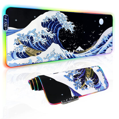 MEWOOCUE Gaming Laptop Mouse Pad,Sea Wave Big Mice Pads PC Keyboard Waterproof and Non-Slip 31.5 x 11.9 0.12" Thick XL,XXL Rubber Table Mat, RGB Led with 10 Lighting Modes+9 Color Changing Modes Mat