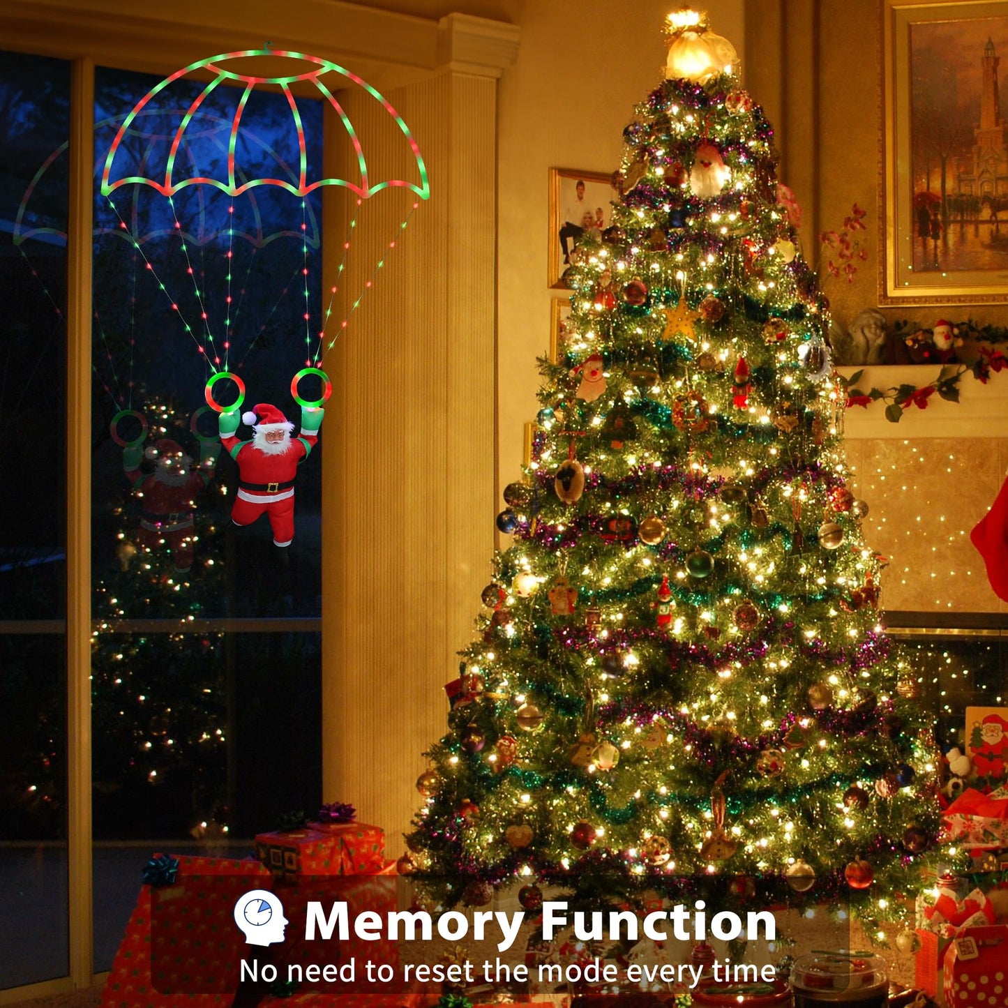 Toodour Christmas Decorations Lights Outdoor, 2.8FT Christmas Parachute Lights with Santa Claus, Waterproof 8 Modes Hanging Red & Green Xmas Light - Holiday Decorative Light for Indoor Eave Roof