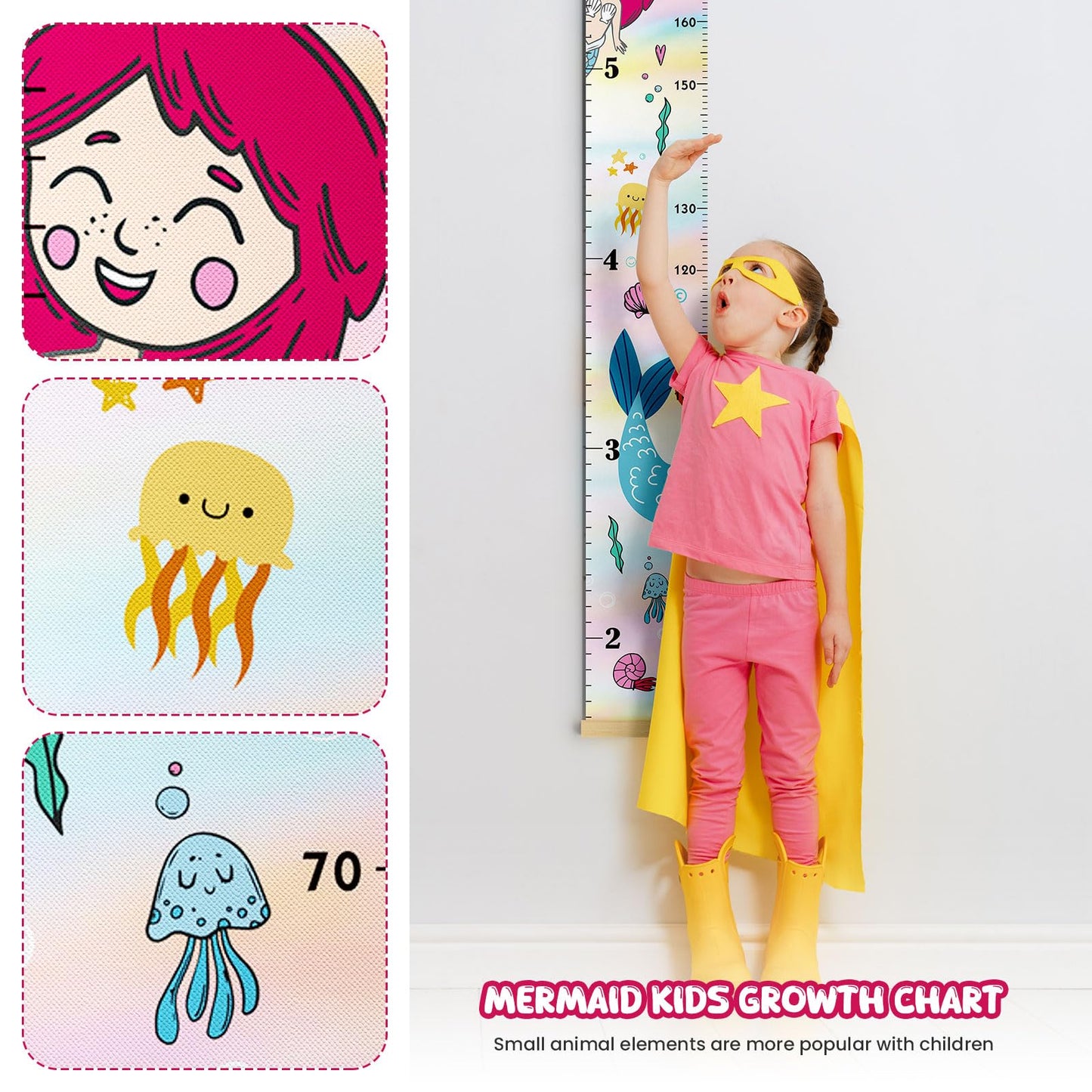 Update Mermaid Kids Growth Chart Wood Baby Kids Growth Chart for Wall Canvas Height Measurement Ruler from Toddler Removable Height Measurement for Christmas Wall Hanging Child's Nursery Room Decor