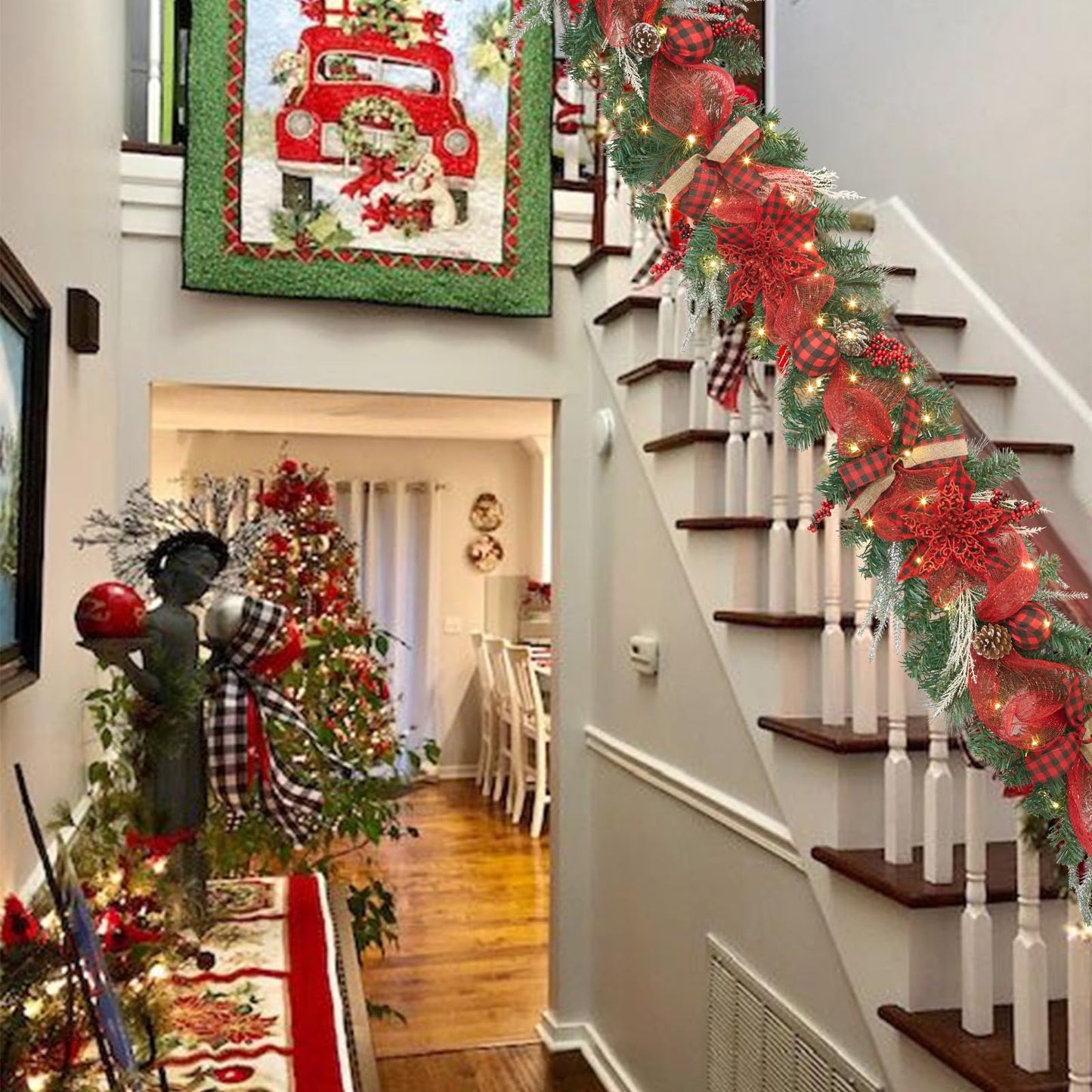 prelit 6 feet Christmas Garland with 30 LED Lights,Buffalo Plaid Christmas Decoration,Holiday Mantel Garland,red and Black Xmas Porch Decor,Fireplace Decor,Lighted Farmhouse Garland with Timer