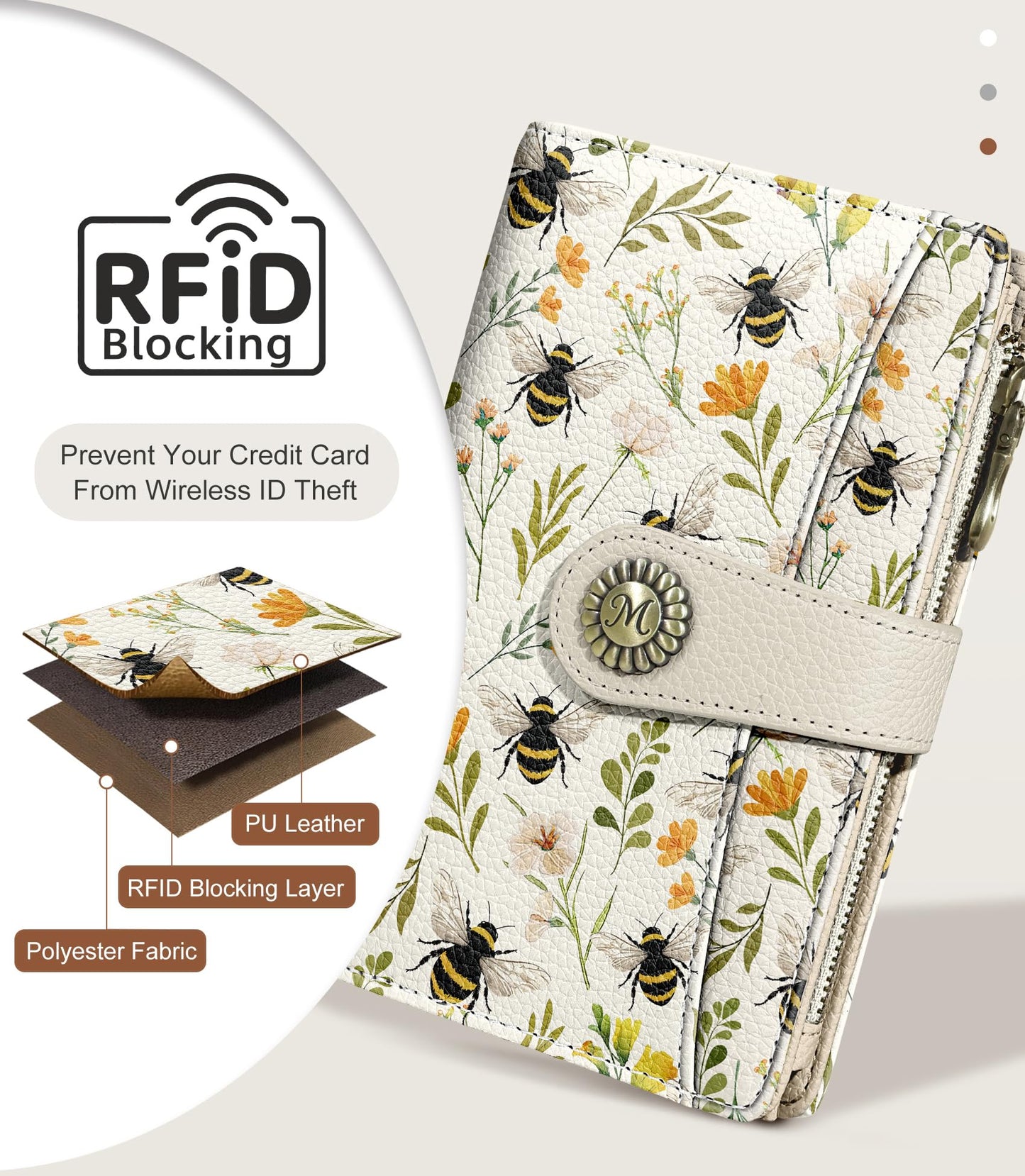 Flowers Bees Wallet Women RFID Blocking Bifold, Cute Passport Holder, Zipper Coin Pocket, Credit Card Holder, Travel billfold, PU Leather, Clutch, Cash Purse, Gift for Woman Ladies Female Girls