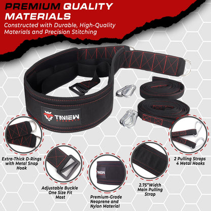 Sled Pulling Belt with Adjustable Closure, 2 Sled Pulling Straps & 4 Hooks – Ideal for Resistance Training, Strength, Agility, and Multi-Directional Pulling (Back, Front, Sides)