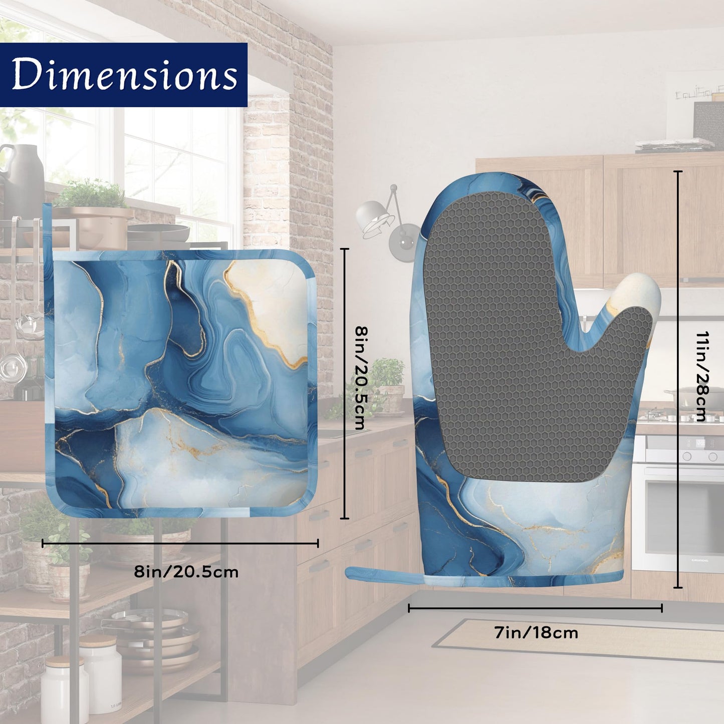 Oven Mitts and Pot Holders Sets Blue Gold Marble Silicone Kitchen Mits Potholders Abstract Heat Resistant 4Pcs Oven Gloves Hot Pads for Baking Cooking BBQ Grilling Home Decor