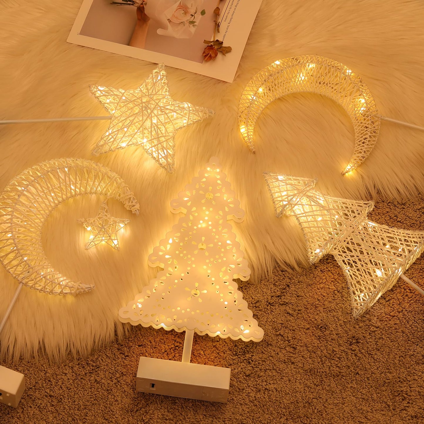Lewondr Christmas Tree Lamp, Winding Cotton Thread Mini Christmas Tree with Lights, Battery Powered Desktop Christmas Light for Xmas Home Bedside Table Lamp Decorative Tree for Table Top, White