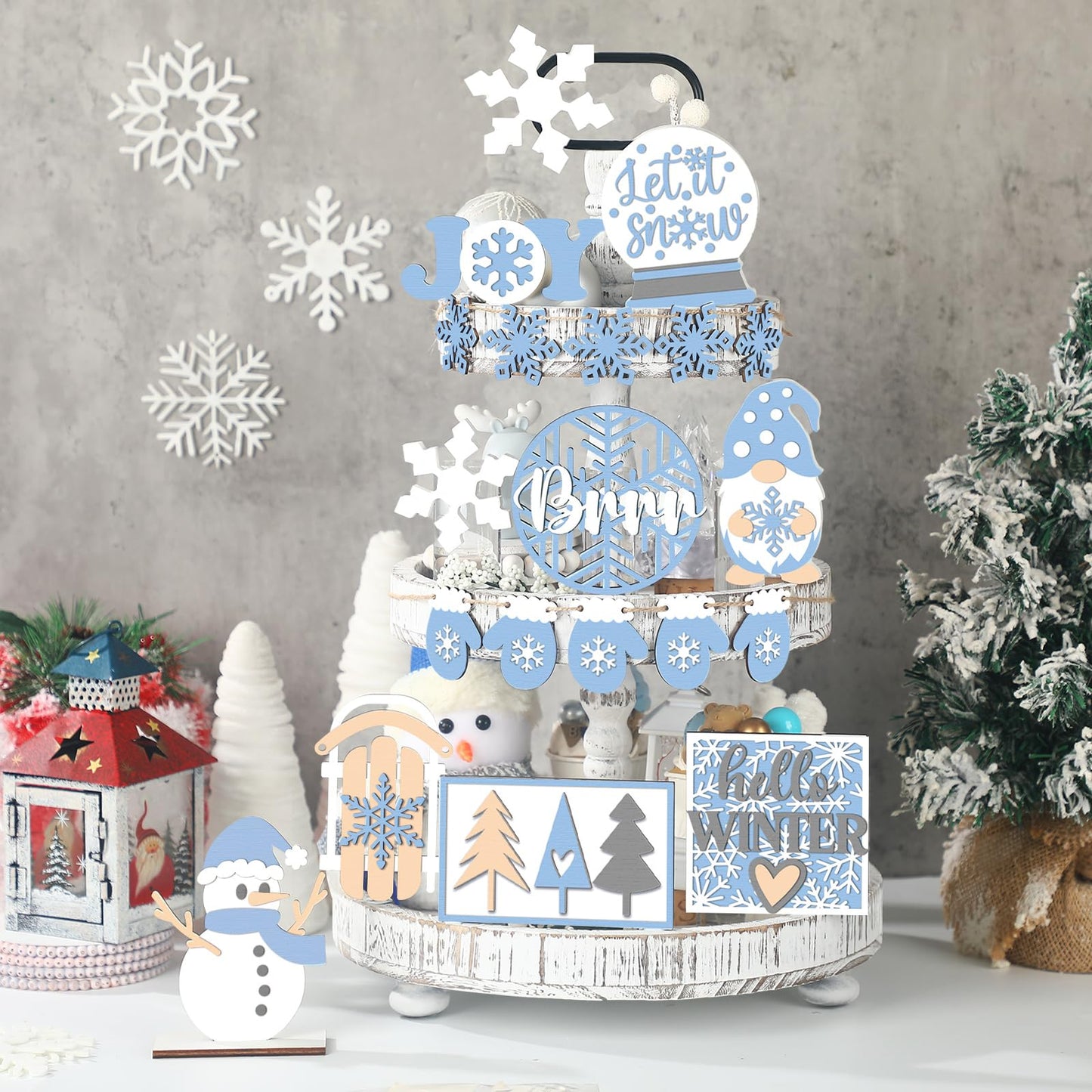 20 Pcs Winter Tray Decor Snowflake Snowman Gnome Wooden Signs Winter Wonderland Table Centerpieces Rustic Farmhouse Winter Tabletop Decorative Trays for Party Home Christmas Holiday