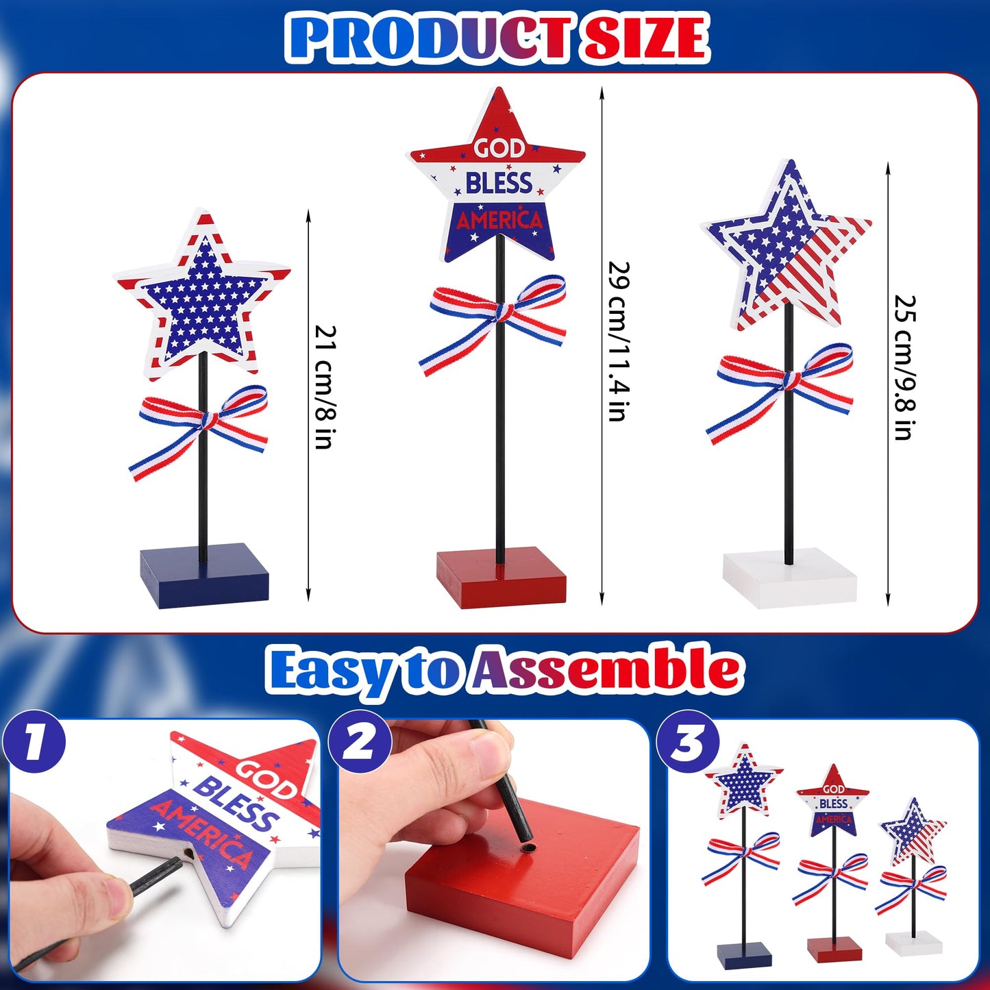 Elfcool 5Pcs 4th of July Table Decorations Wooden Star Set, Patriotic Memorial Day Table Centerpiece, Red White and Blue Independence Day Stand Decor for Home Office