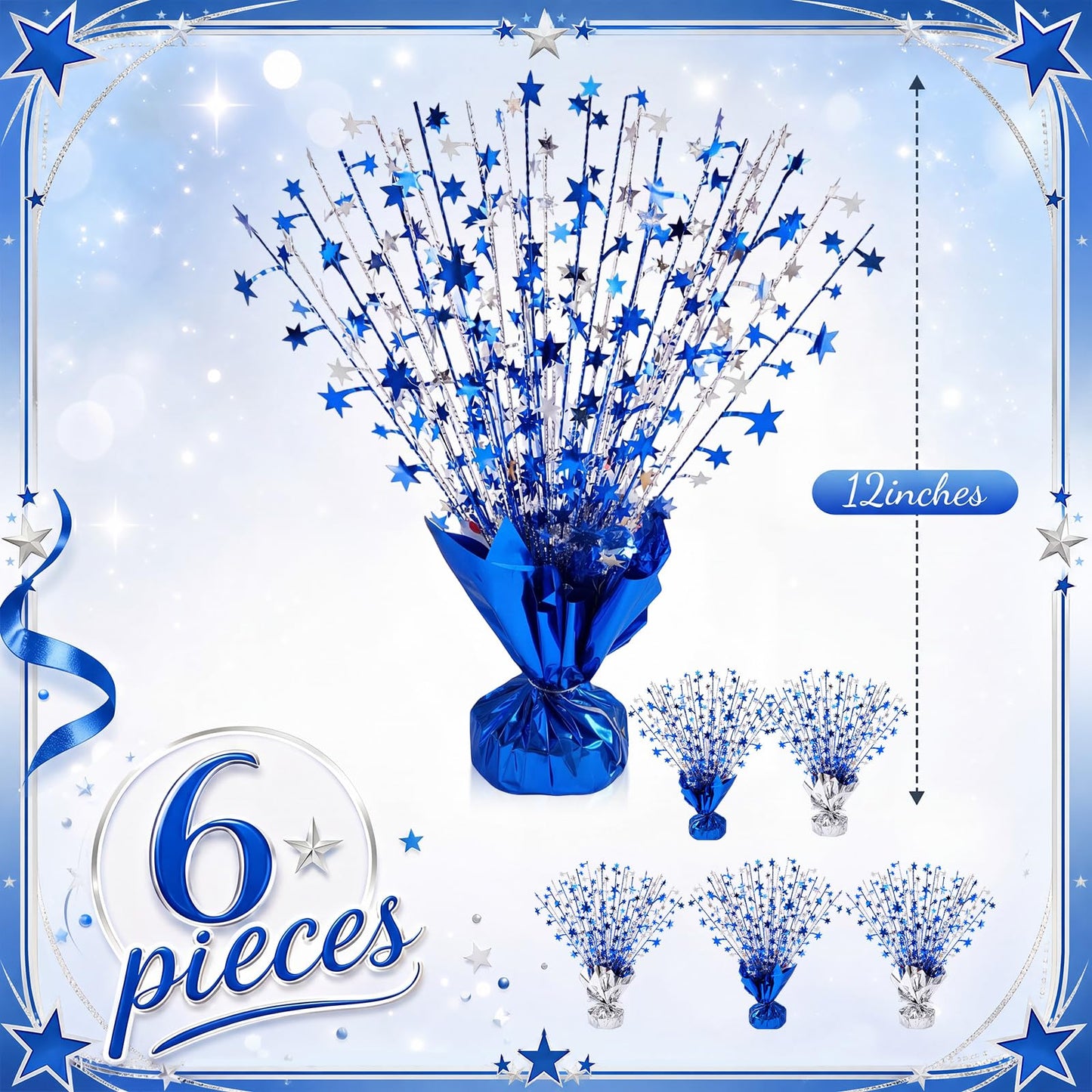 CraftyDream 6 Pcs Star Table Centerpieces Silver Blue Birthday Party Decorations Metallic Foil Spray Centerpieces Glitter Spray Table Decor for Birthday Anniversary Graduation Wedding Supplies