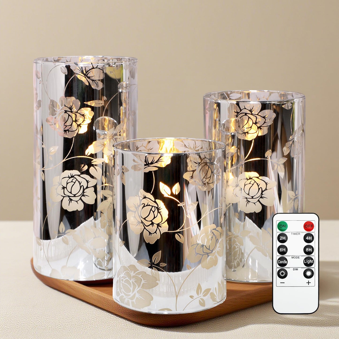 Floral Glass Flameless Candles Rose Romantic Battery Operated Candles with Remote Flickering LED Silver Real Wax Pillar Candle for Valentine's Day Wedding Party Home Christmas Decor, Set of 3