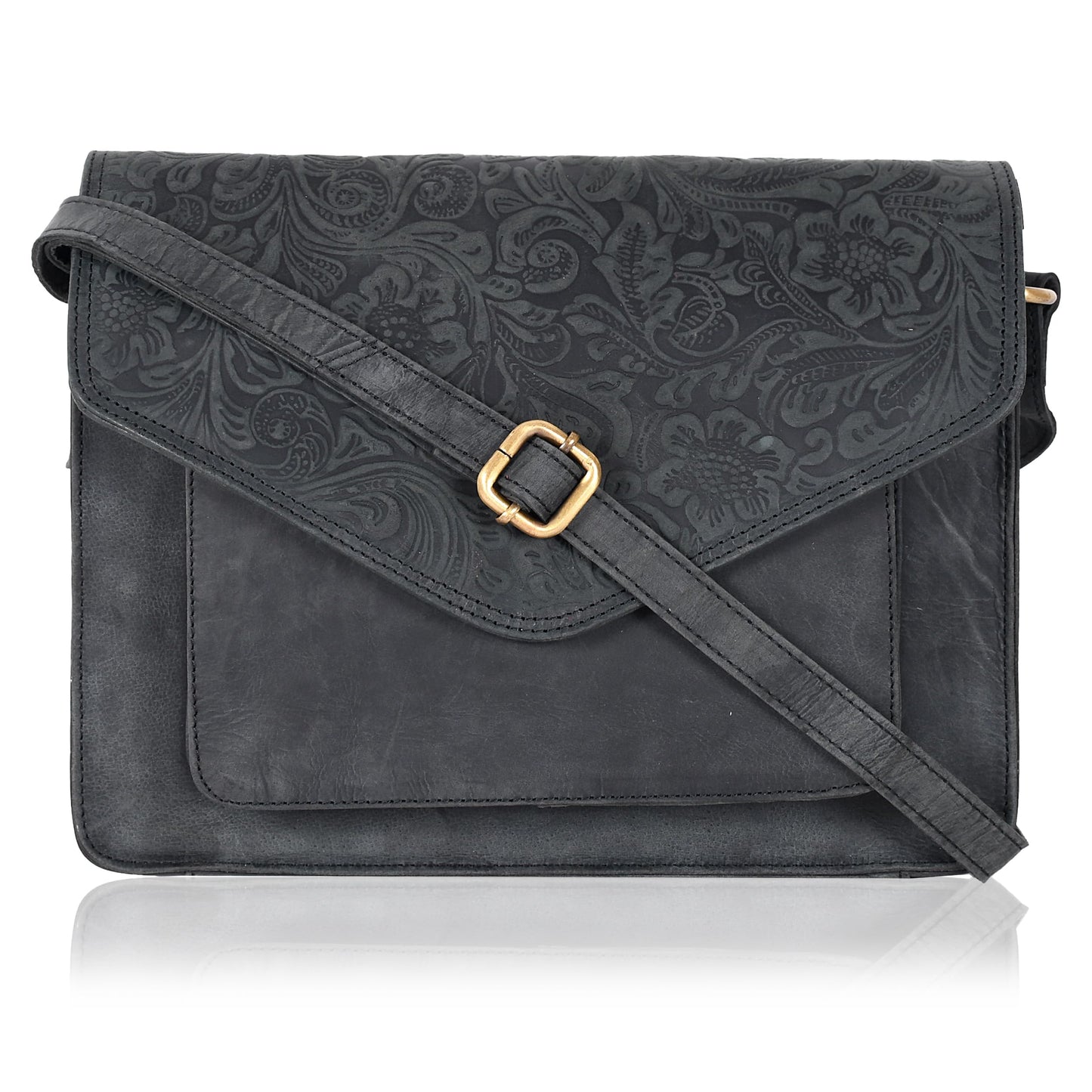 Leather Flapover Crossbody Handbag Purse for Women with Adjustable Strap & Overflap Snap Closure Tote/Bag (E.Black Hunter)