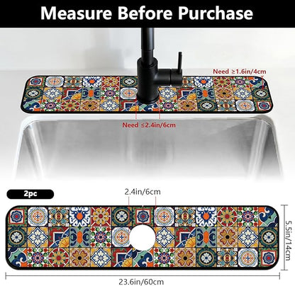 2 Pcs Kitchen Sink Splash Guard Faucet Mats Colored Bohemian Tiles Pattern