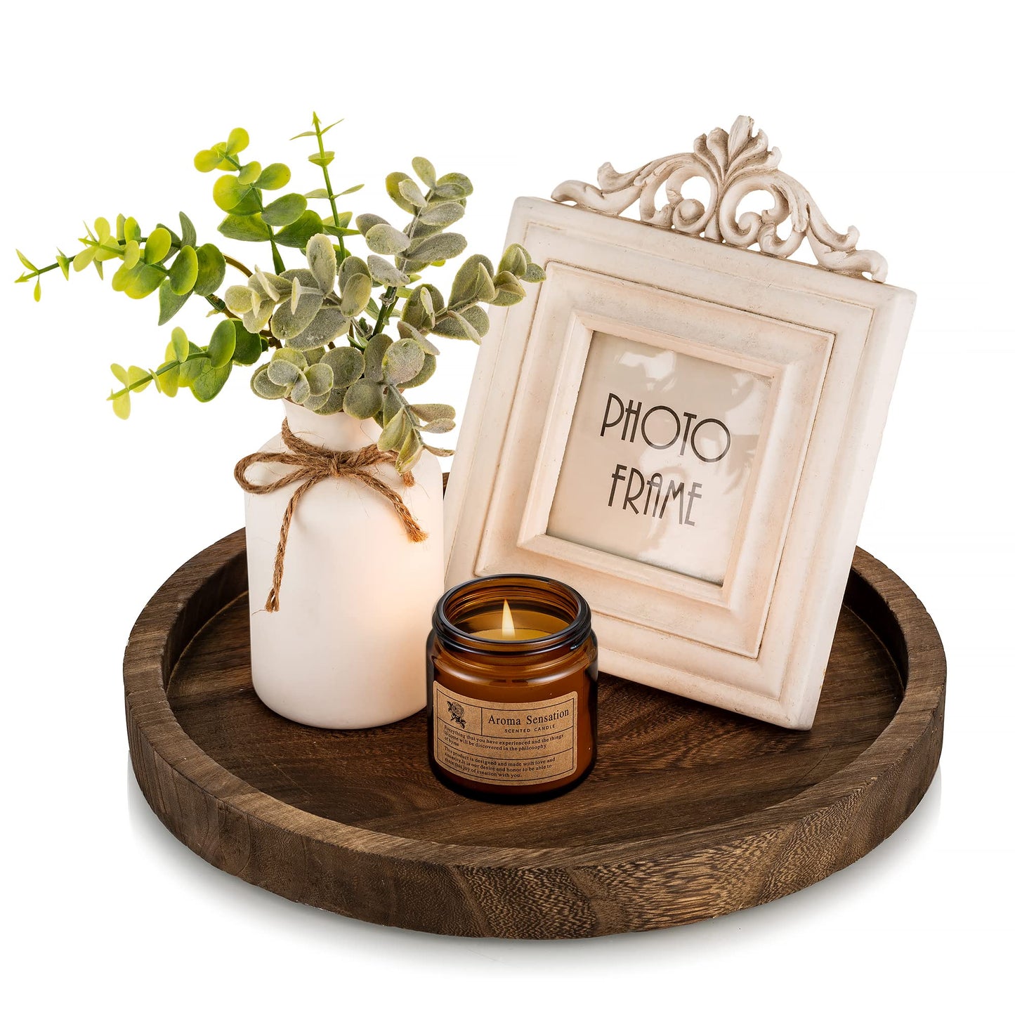 Hanobe Round Wooden Candle Trays: Rustic Candlestick Holder Tray Pillar Stand for Table Centerpiece - Farmhouse Coffee Table Decor for Living Room Kitchen Counter