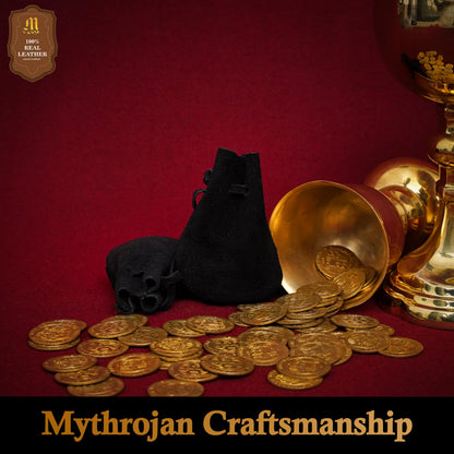 Mythrojan Small Trinket Pouches Set of 2, Suede Leather Drawstring Coin & Dice Bags for LARP, SCA, Viking & Medieval Events Color : Black