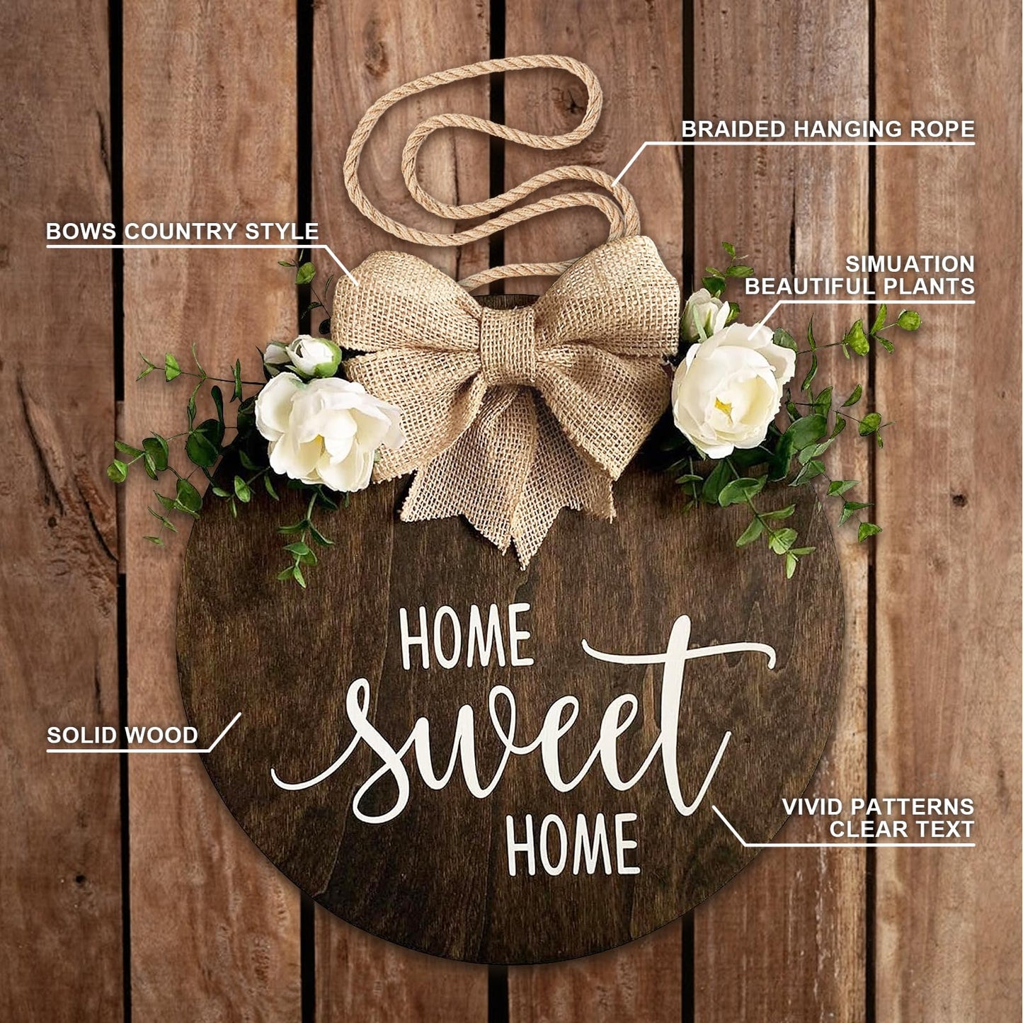 Home Sweet Home Farmhouse Welcome Sign, Round Wood Hanging Door Decor with Ribbon Bow and Faux Greenery, Rustic Porch Wreath for Thanksgiving, Christmas, Brown Front Door Hanger