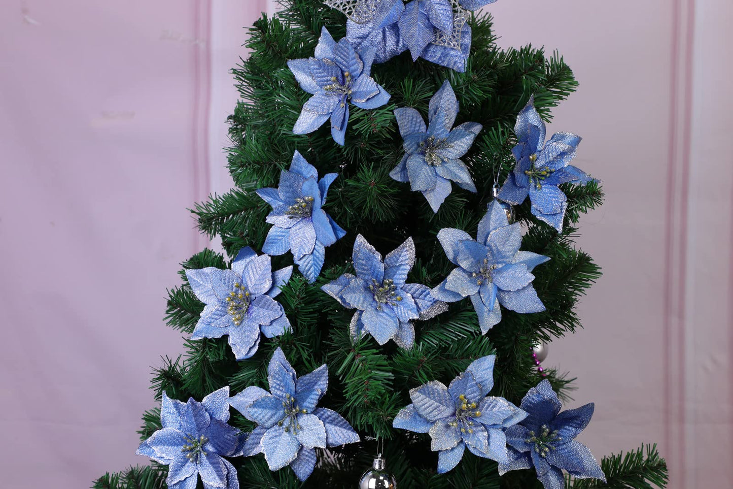 KEPATO Christmas Glitter Poinsettia Christmas Tree Ornaments Pack of 12 (Blue)