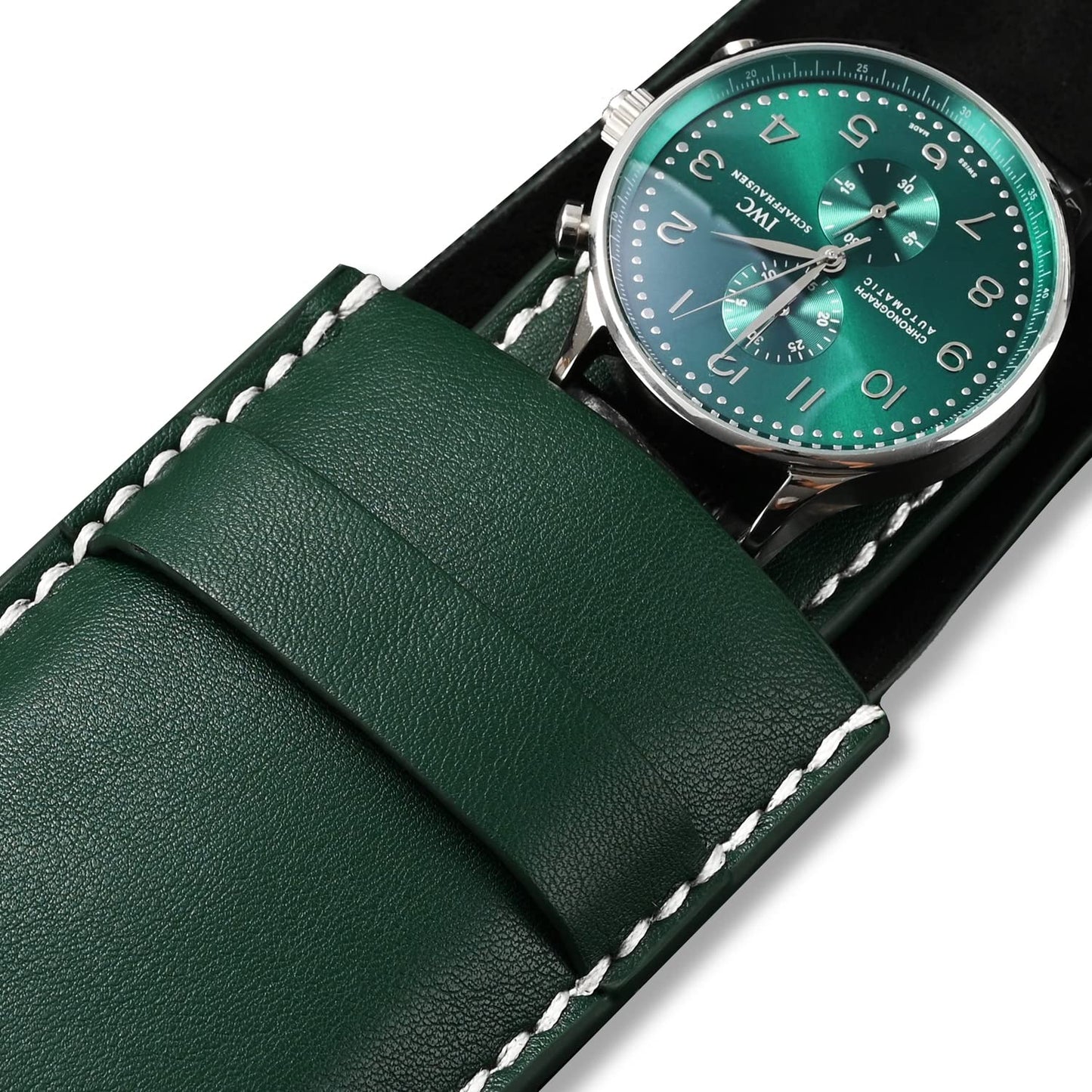 Papten Luxury PU Leather Watch Pouches Portable Single Watch Travel Case Travel Bag For Travelling Business Trip (Green)