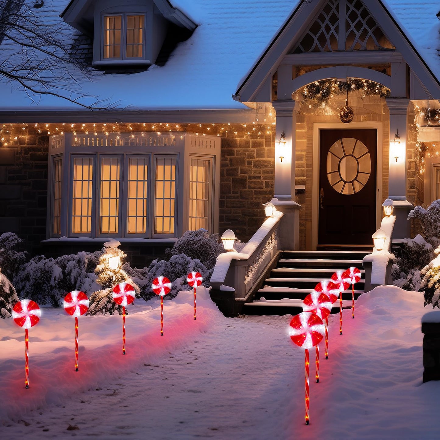 Outdoor Christmas Decorations Solar Pathway Lights, Set of 10 Lollipops Peppermint Stake Lights, 8 Modes Candy Cane Walkside Lights, Outdoor Xmas Decoration for Walkway,Yard (10PCS-Red)
