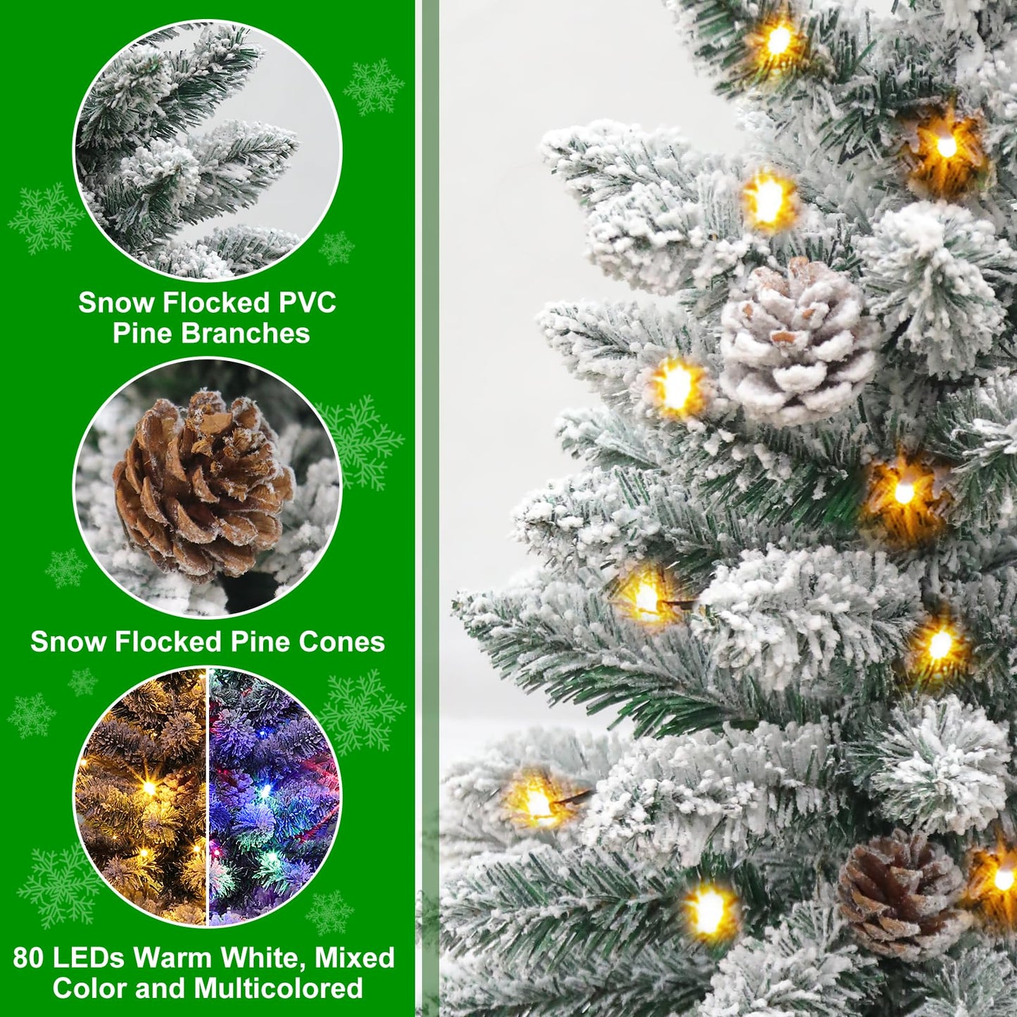 2 Pack 4 Ft Snow Flocked Christmas Entrance Tree in Pot Base with Timer 8 Mode 60 Warm White and Colorful Change Lights 12 Pine Cone Battery Operated for Porch Front Door Entryway Home